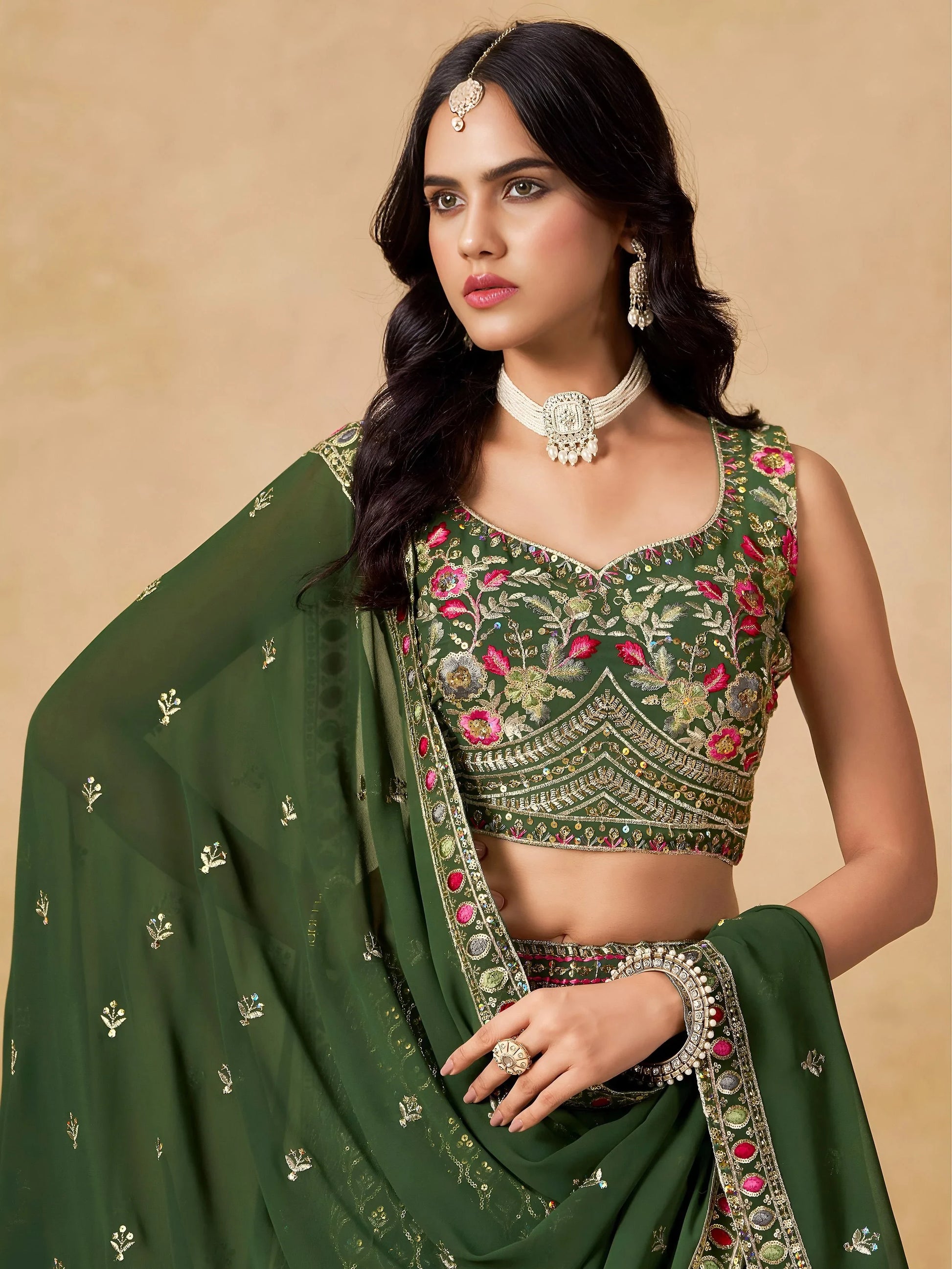 Impressive Dark Green Zari Embroidery Georgette Mehendi Wear Lehenga Choli