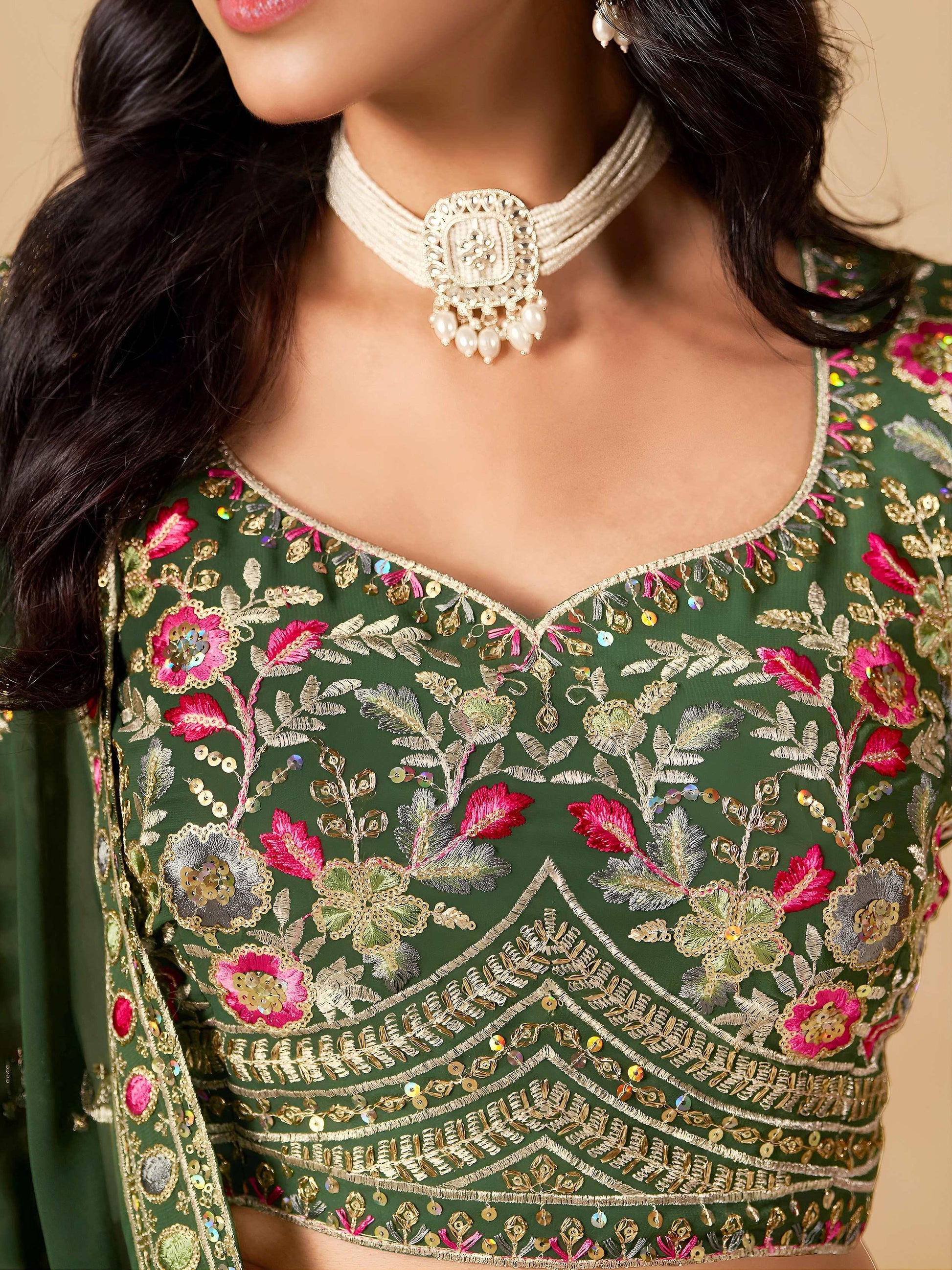 Impressive Dark Green Zari Embroidery Georgette Mehendi Wear Lehenga Choli