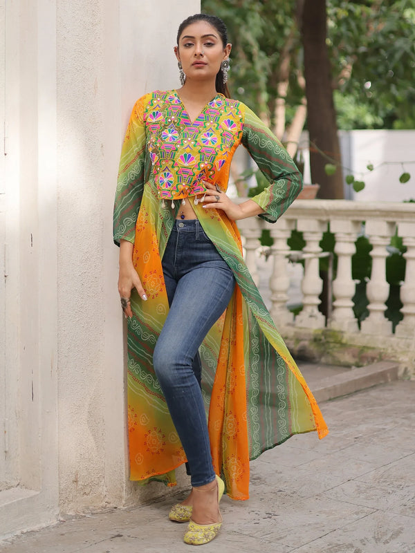 Impressive Green Bandhani Print Georgette Navratri Special Front Slit Kurti - Zeel Clothing
