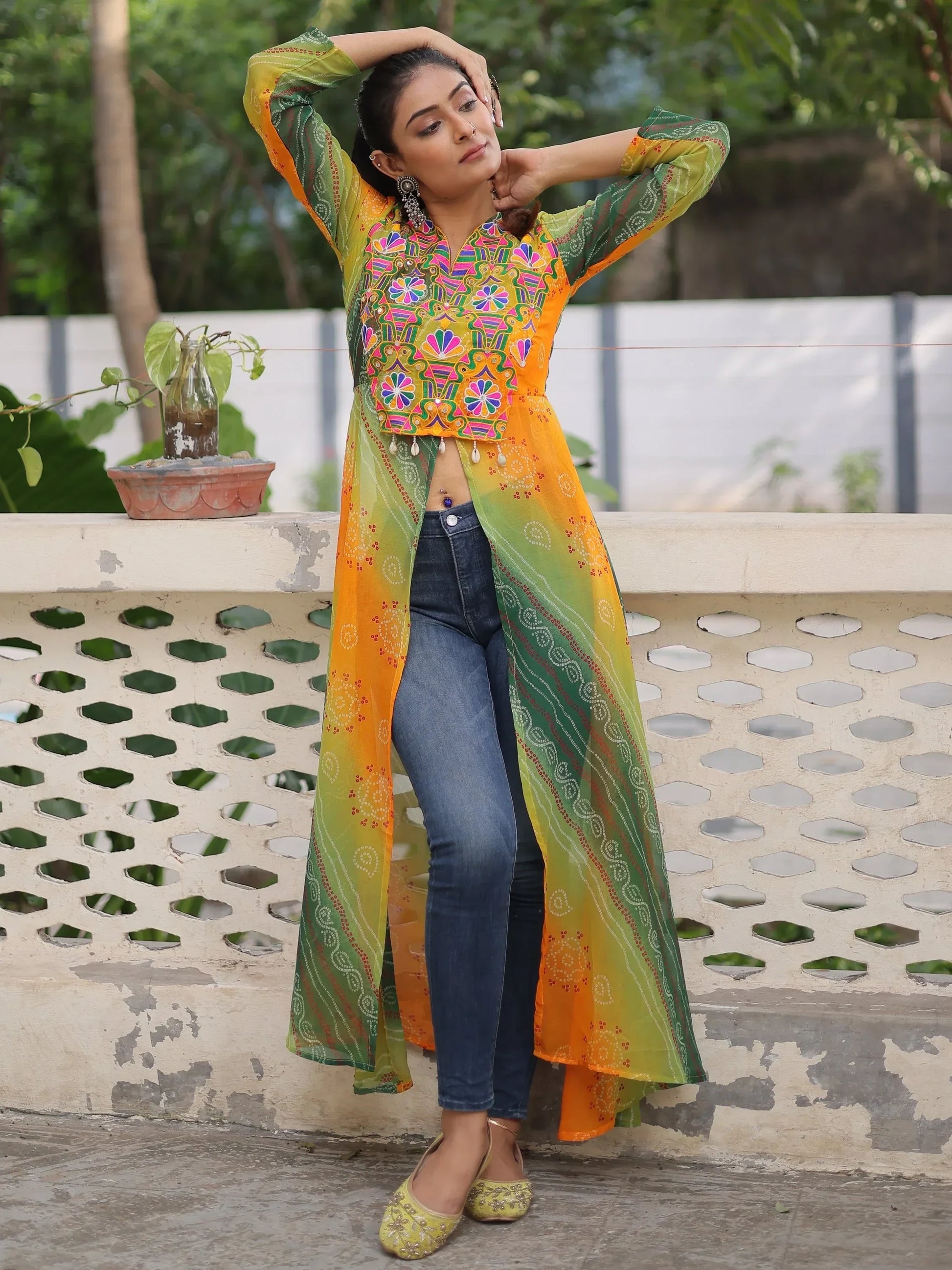 Impressive Green Bandhani Print Georgette Navratri Special Front Slit Kurti - Zeel Clothing