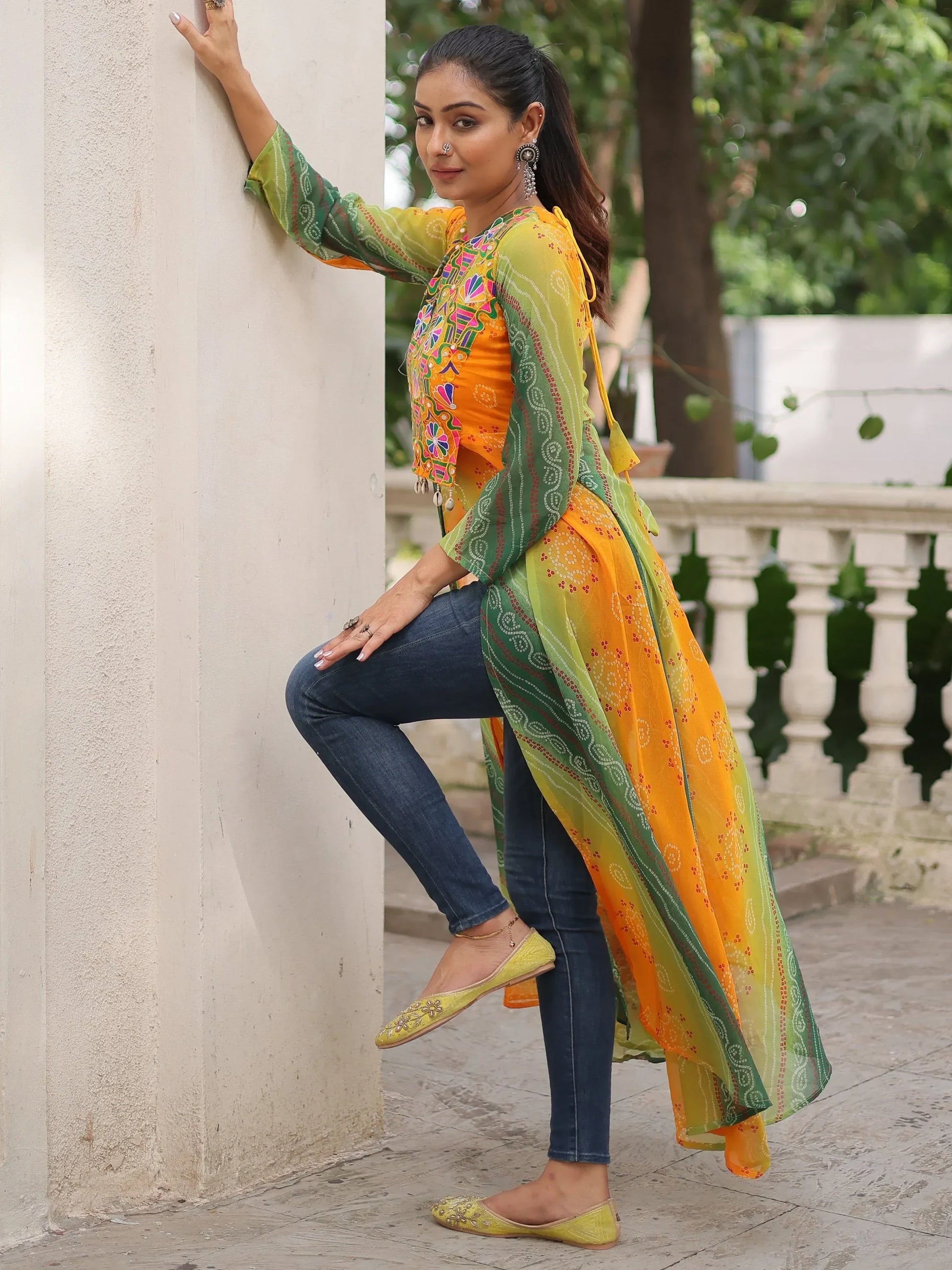 Impressive Green Bandhani Print Georgette Navratri Special Front Slit Kurti - Zeel Clothing