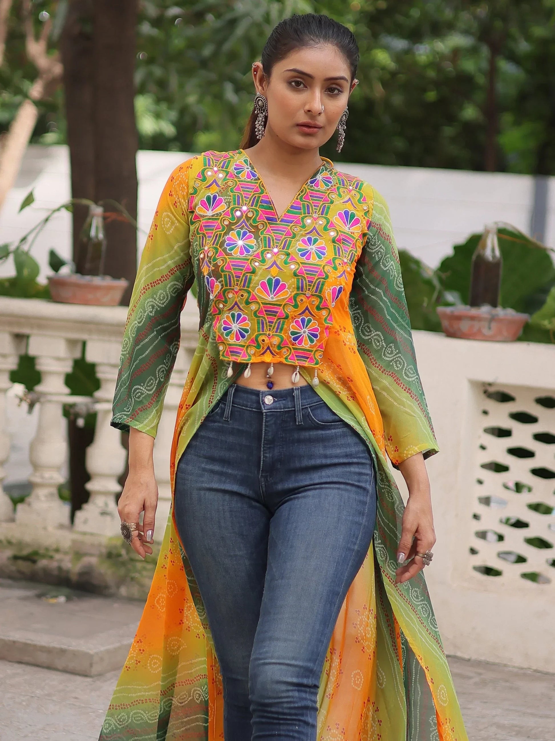 Impressive Green Bandhani Print Georgette Navratri Special Front Slit Kurti - Zeel Clothing