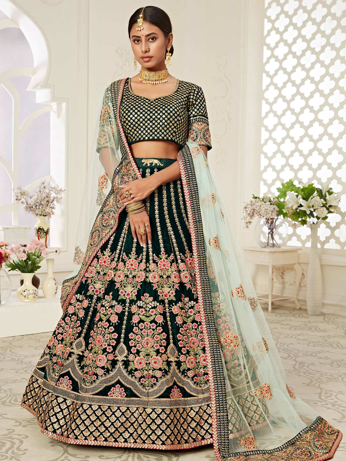 Impressive Green Embroidered Velvet Wedding Wear Lehenga Choli - Zeel Clothing