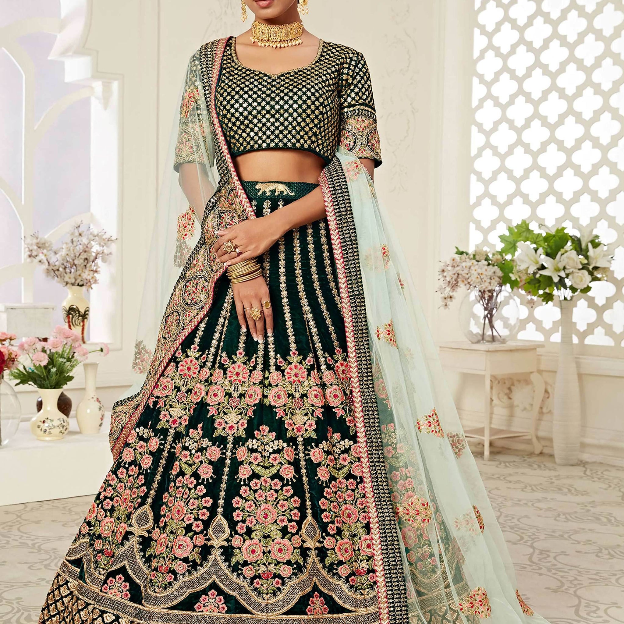 Impressive Green Embroidered Velvet Wedding Wear Lehenga Choli - Zeel Clothing