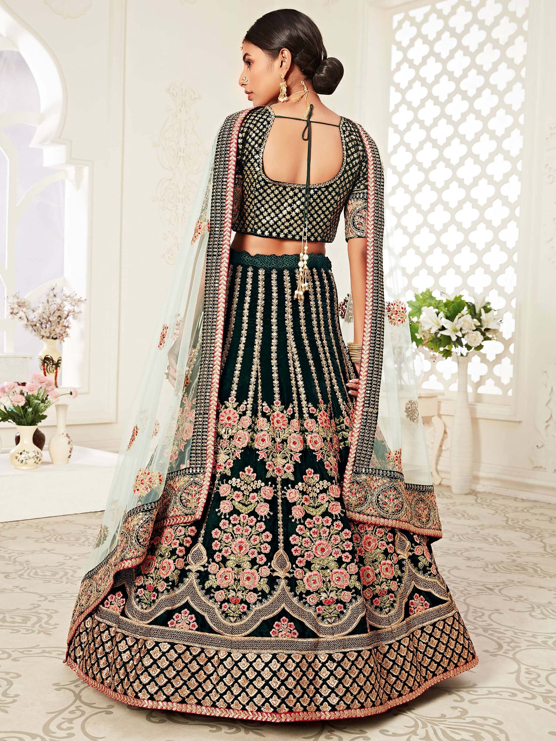 Impressive Green Embroidered Velvet Wedding Wear Lehenga Choli - Zeel Clothing