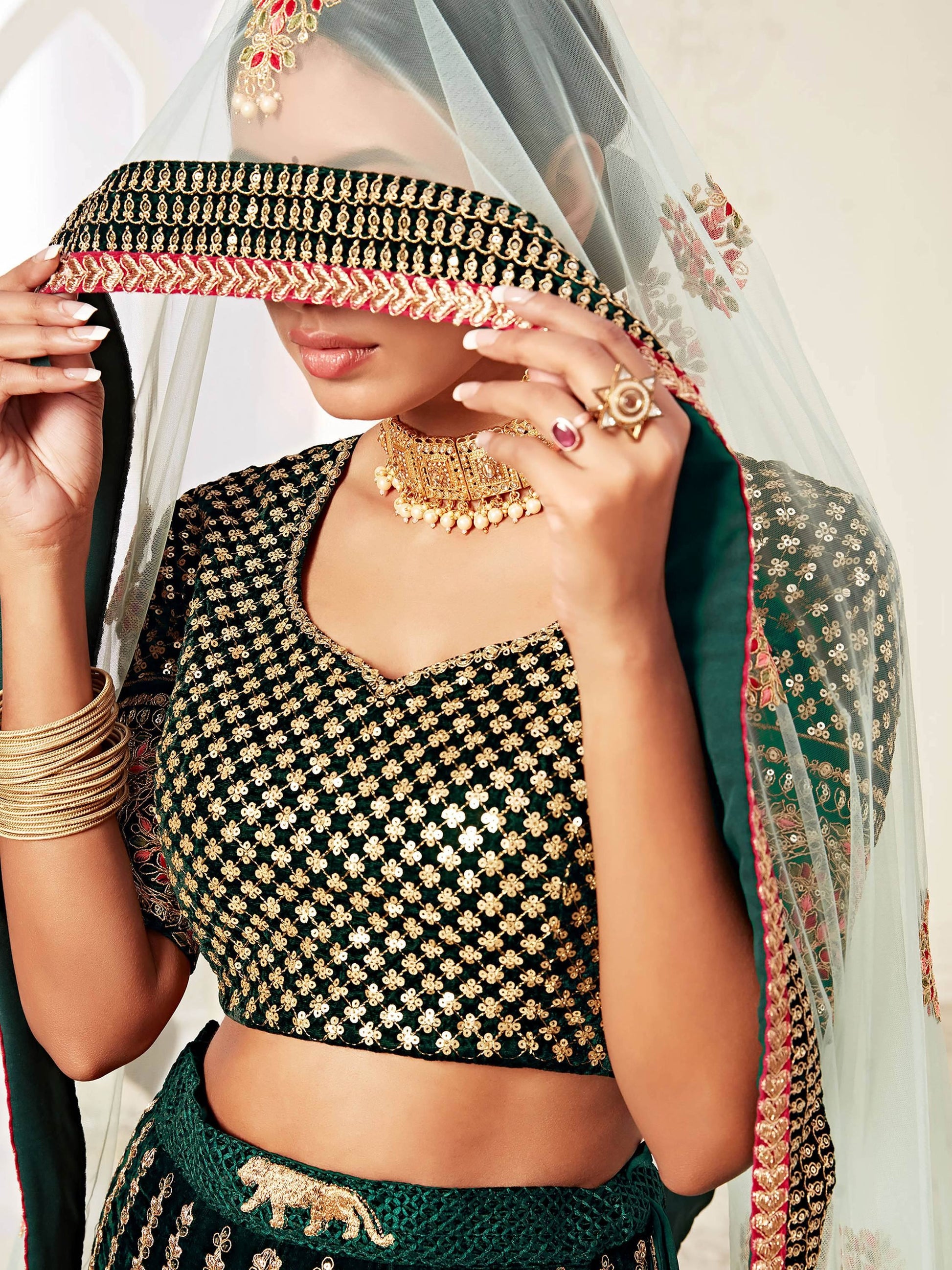 Impressive Green Embroidered Velvet Wedding Wear Lehenga Choli - Zeel Clothing