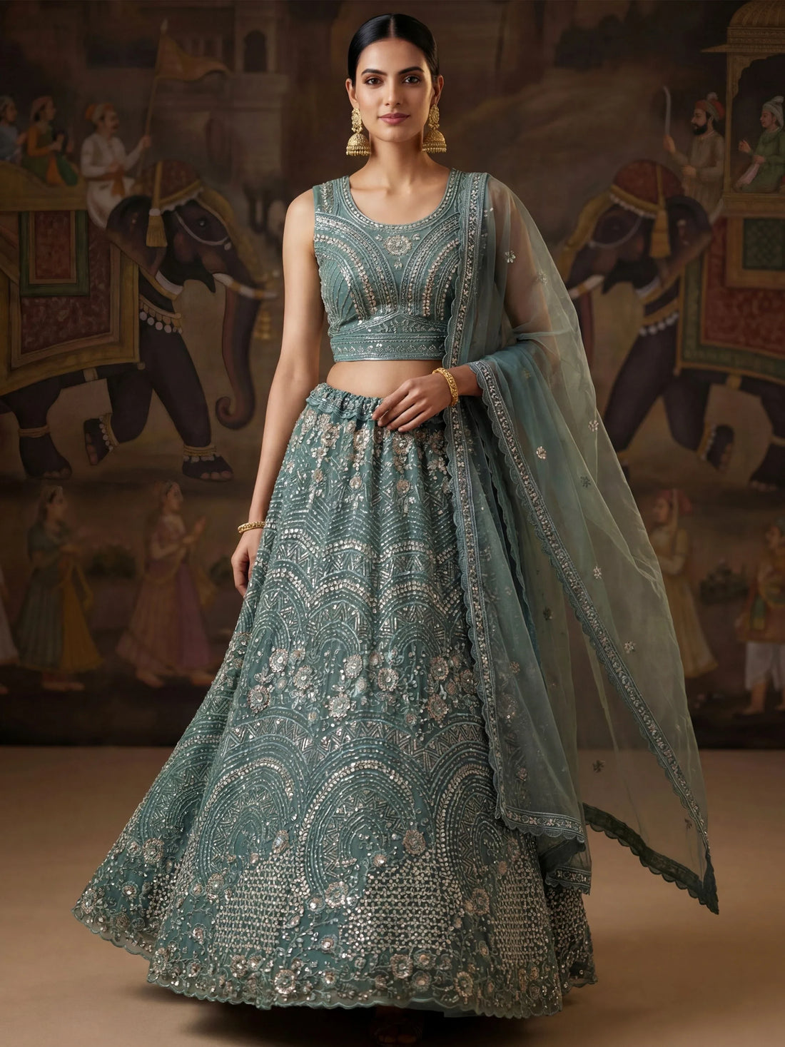 Impressive Green Sequin Work Net Reception Wear Lehenga With Dupatta