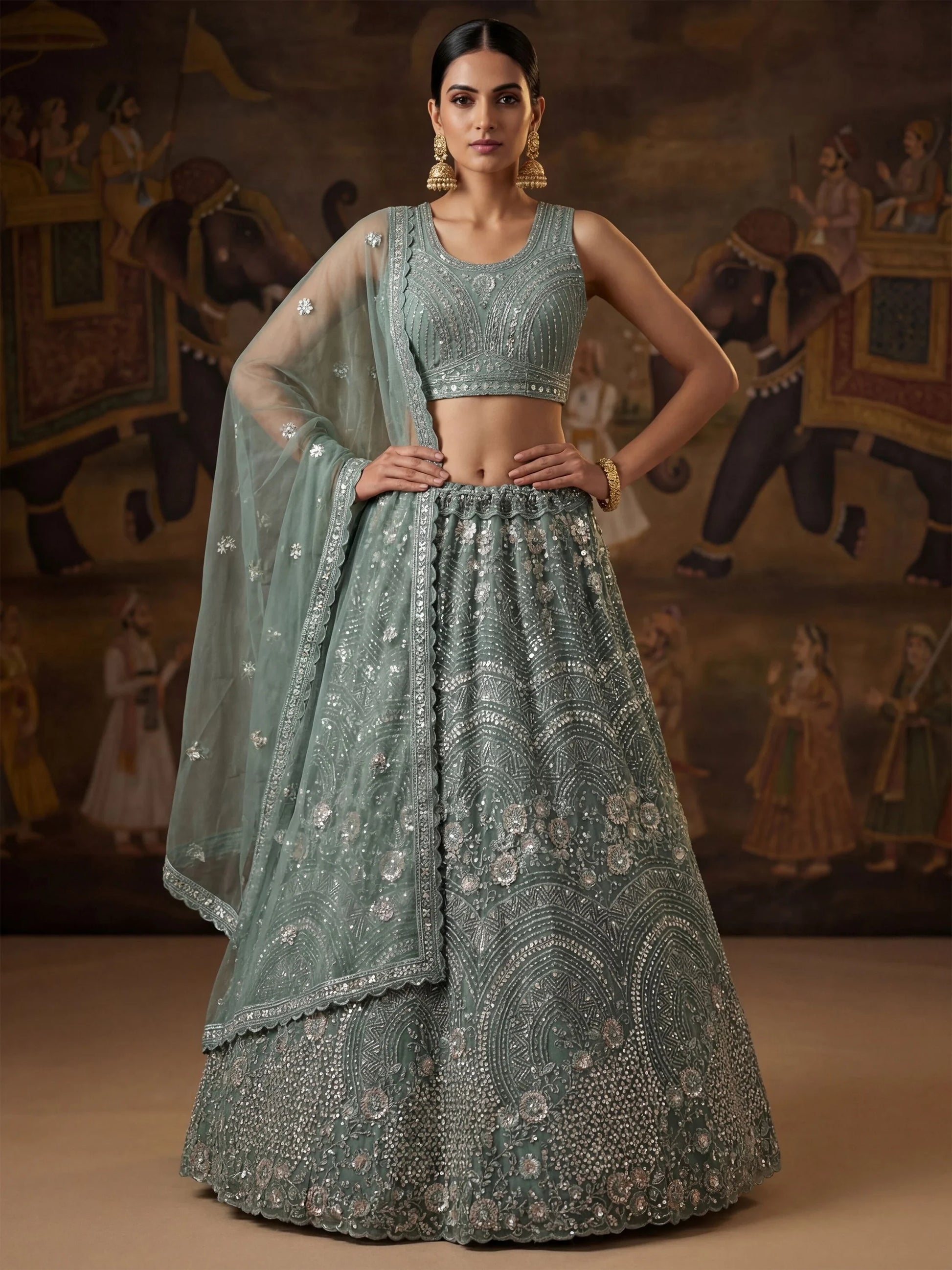 Impressive Green Sequin Work Net Reception Wear Lehenga With Dupatta