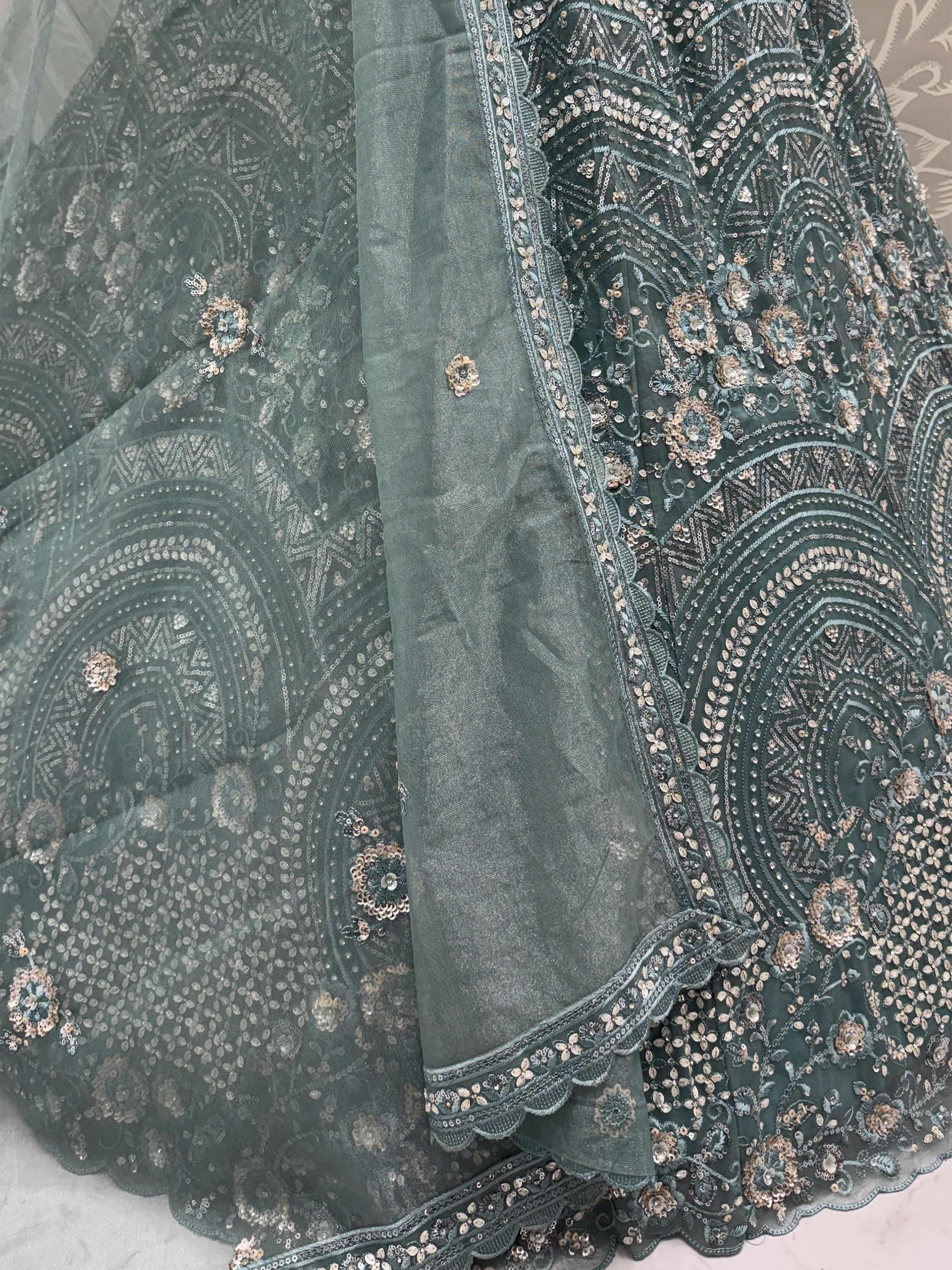 Impressive Green Sequin Work Net Reception Wear Lehenga With Dupatta