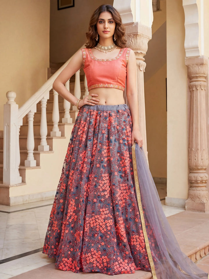 Impressive Grey Floral Embroidered Net Event Wear Lehenga Choli With Dupatta