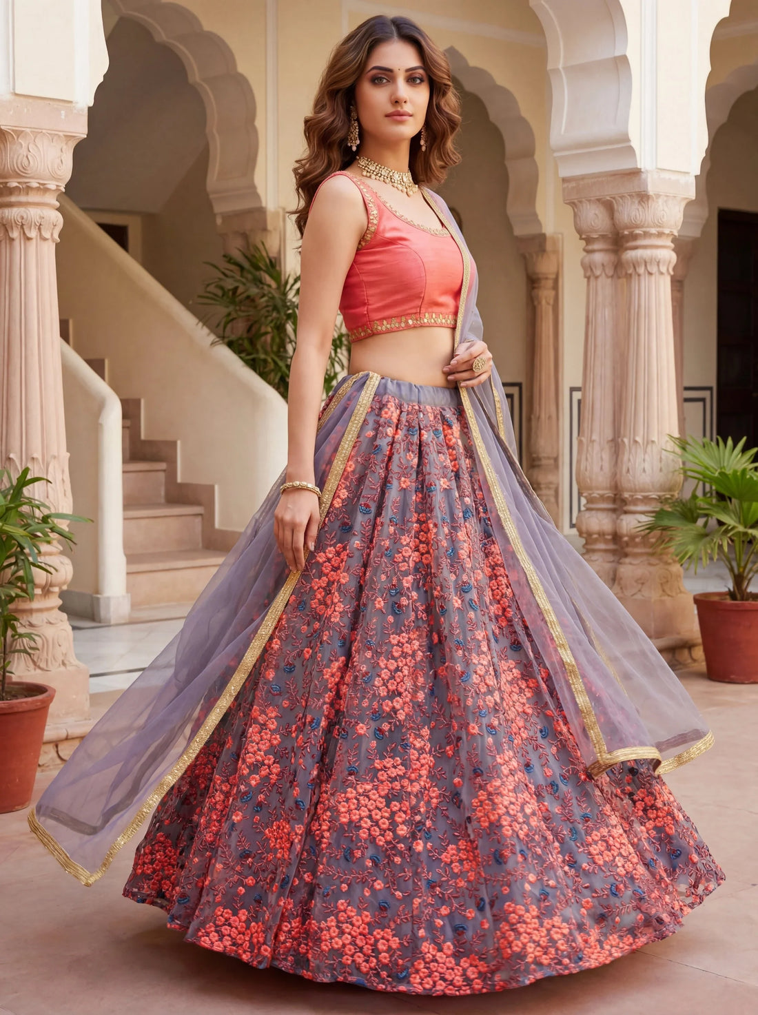 Impressive Grey Floral Embroidered Net Event Wear Lehenga Choli With Dupatta
