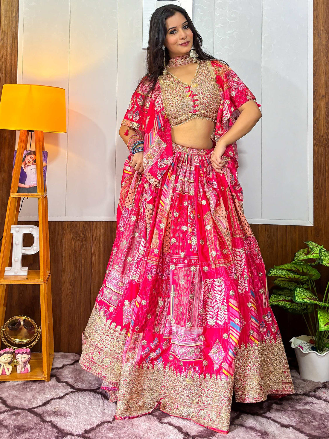 Impressive Hot Pink Digital Printed Chinon Lehenga Choli With Dupatta