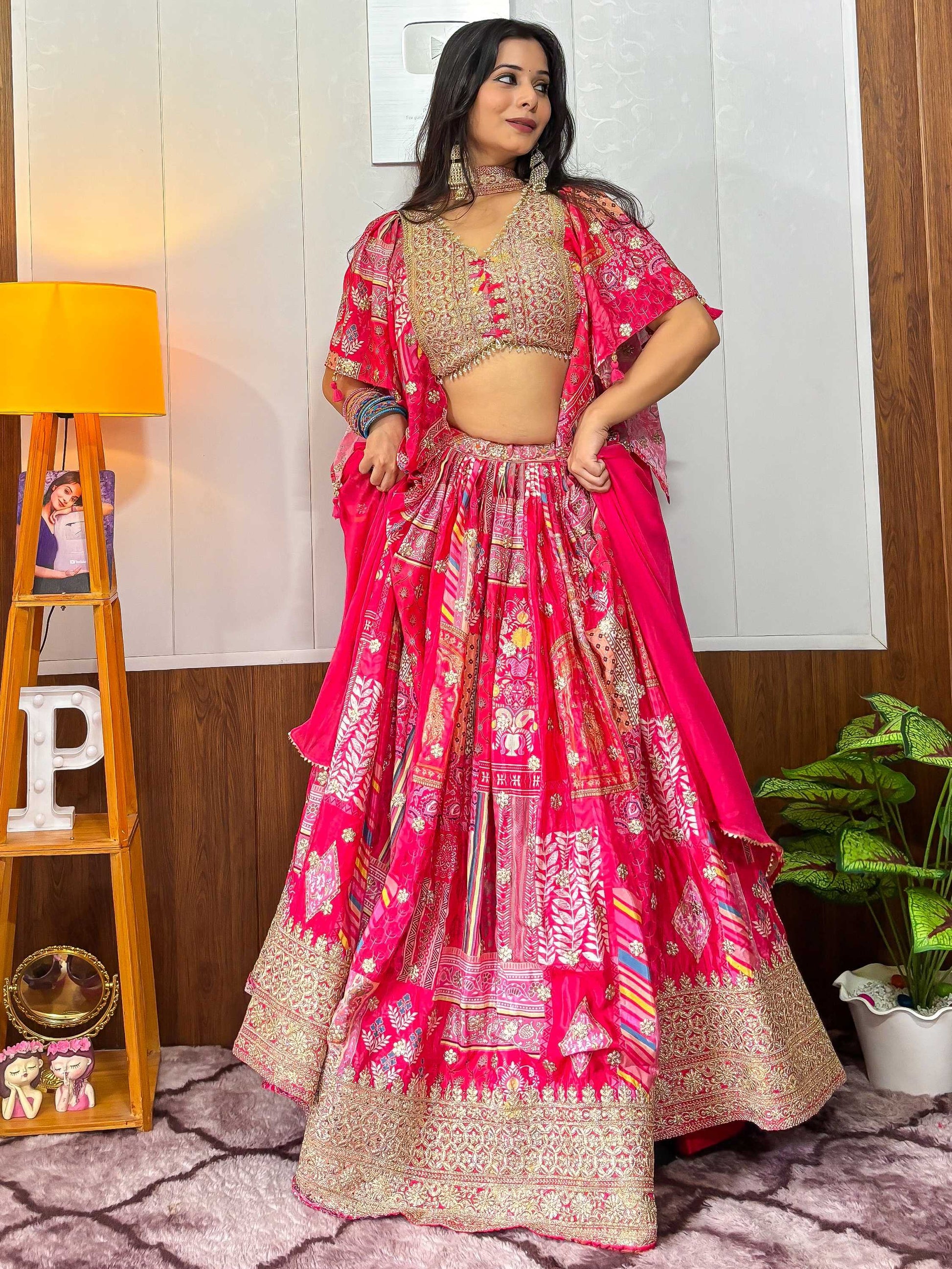 Impressive Hot Pink Digital Printed Chinon Lehenga Choli With Dupatta
