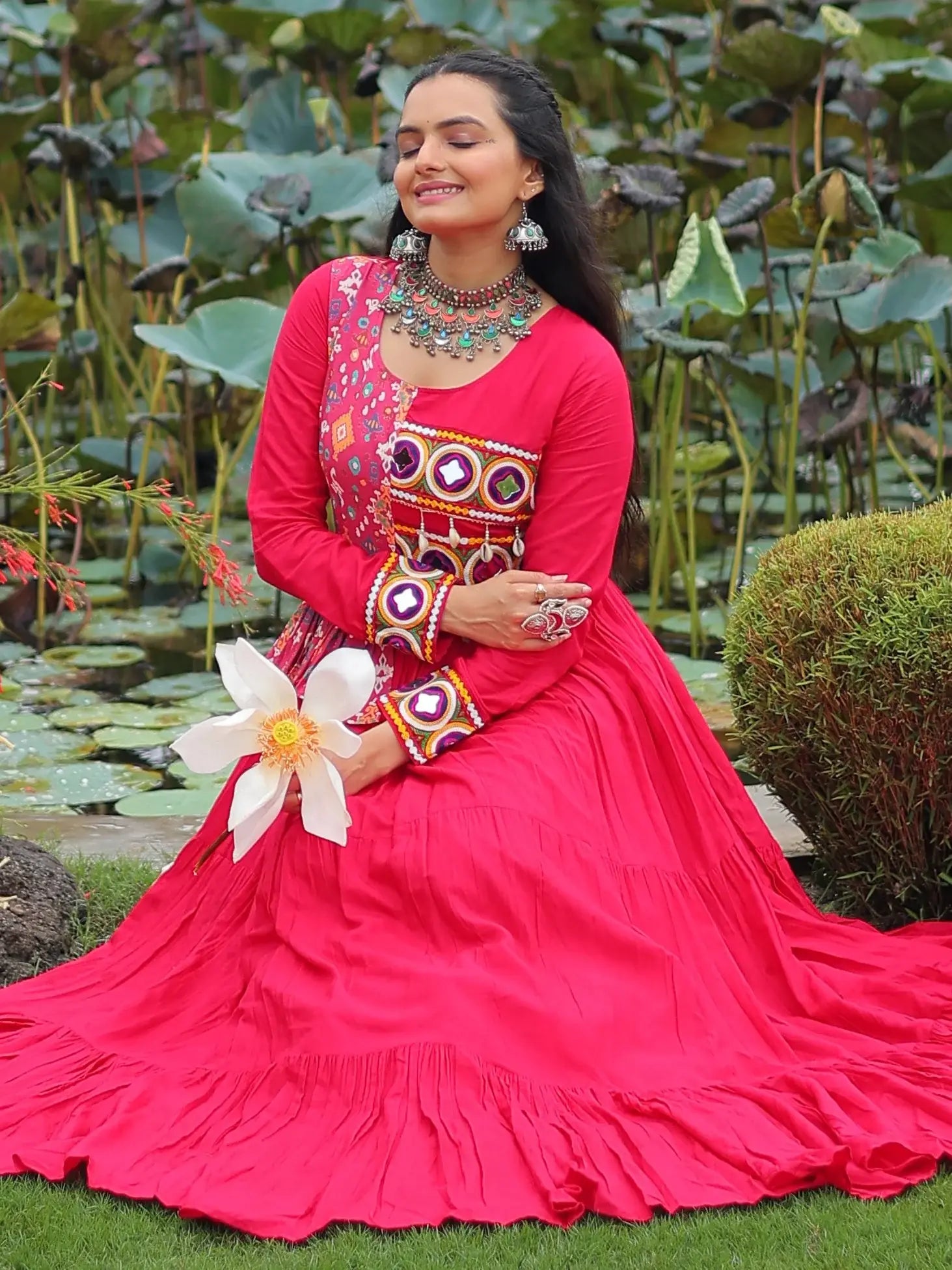 Impressive Hot Pink Gamthi Work Rayon Navratri Special Gown - Zeel Clothing