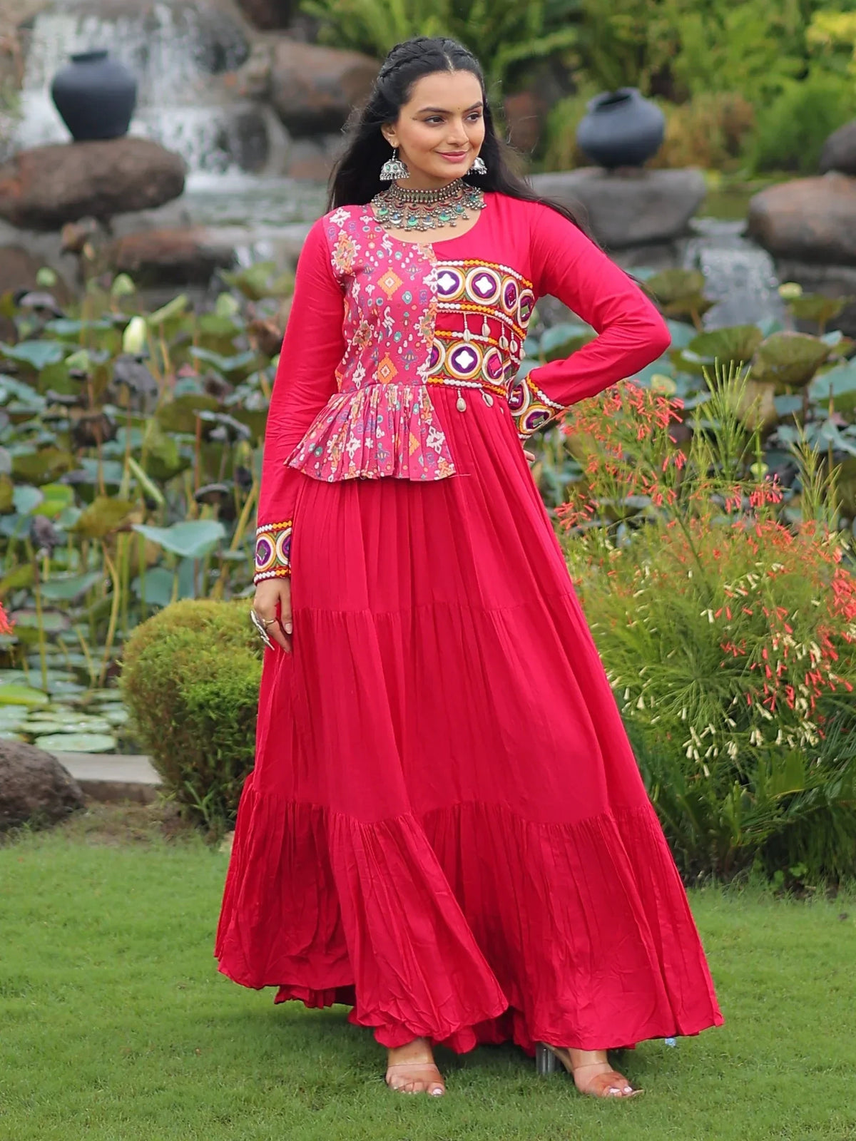 Impressive Hot Pink Gamthi Work Rayon Navratri Special Gown - Zeel Clothing