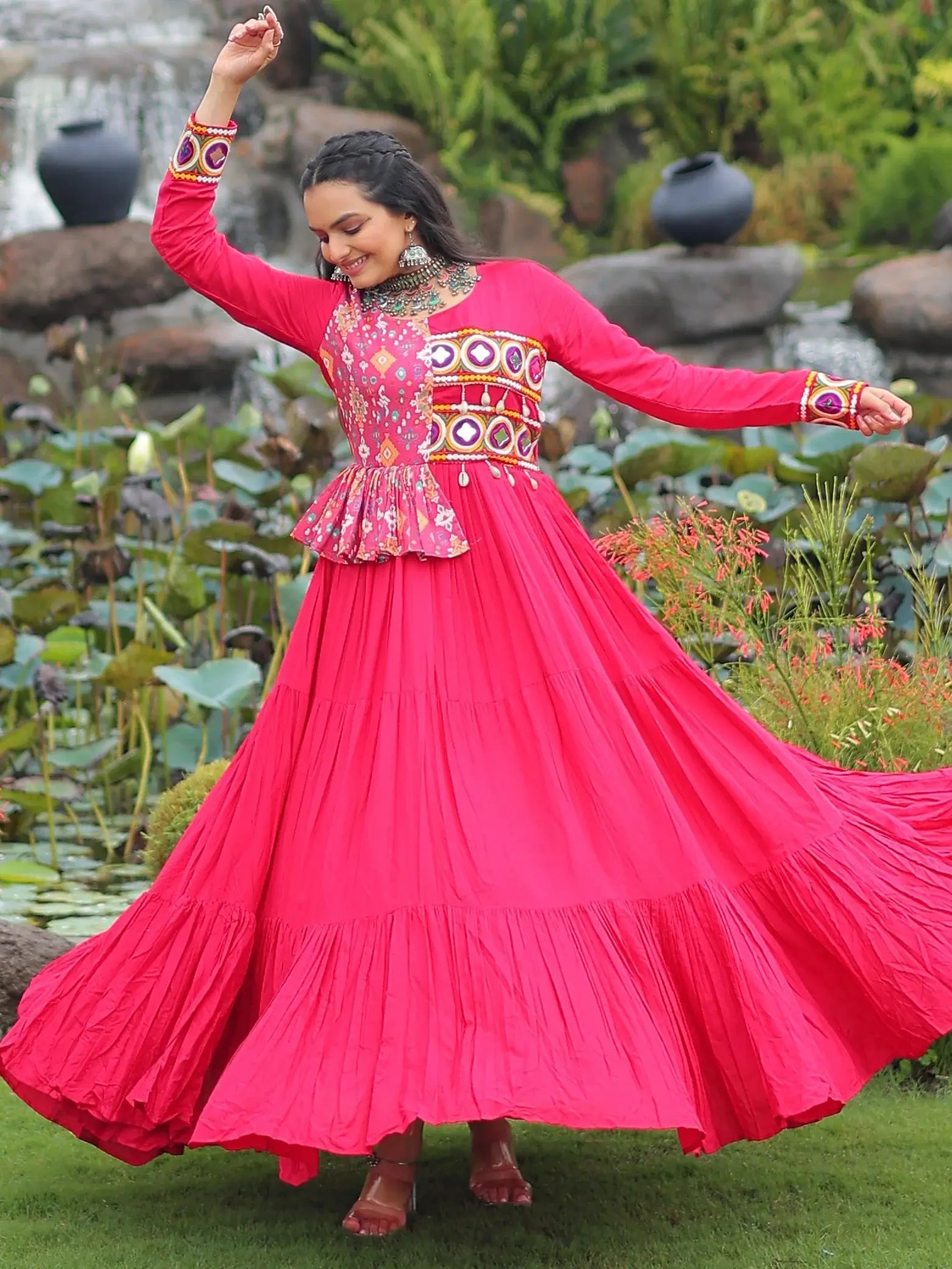 Impressive Hot Pink Gamthi Work Rayon Navratri Special Gown - Zeel Clothing