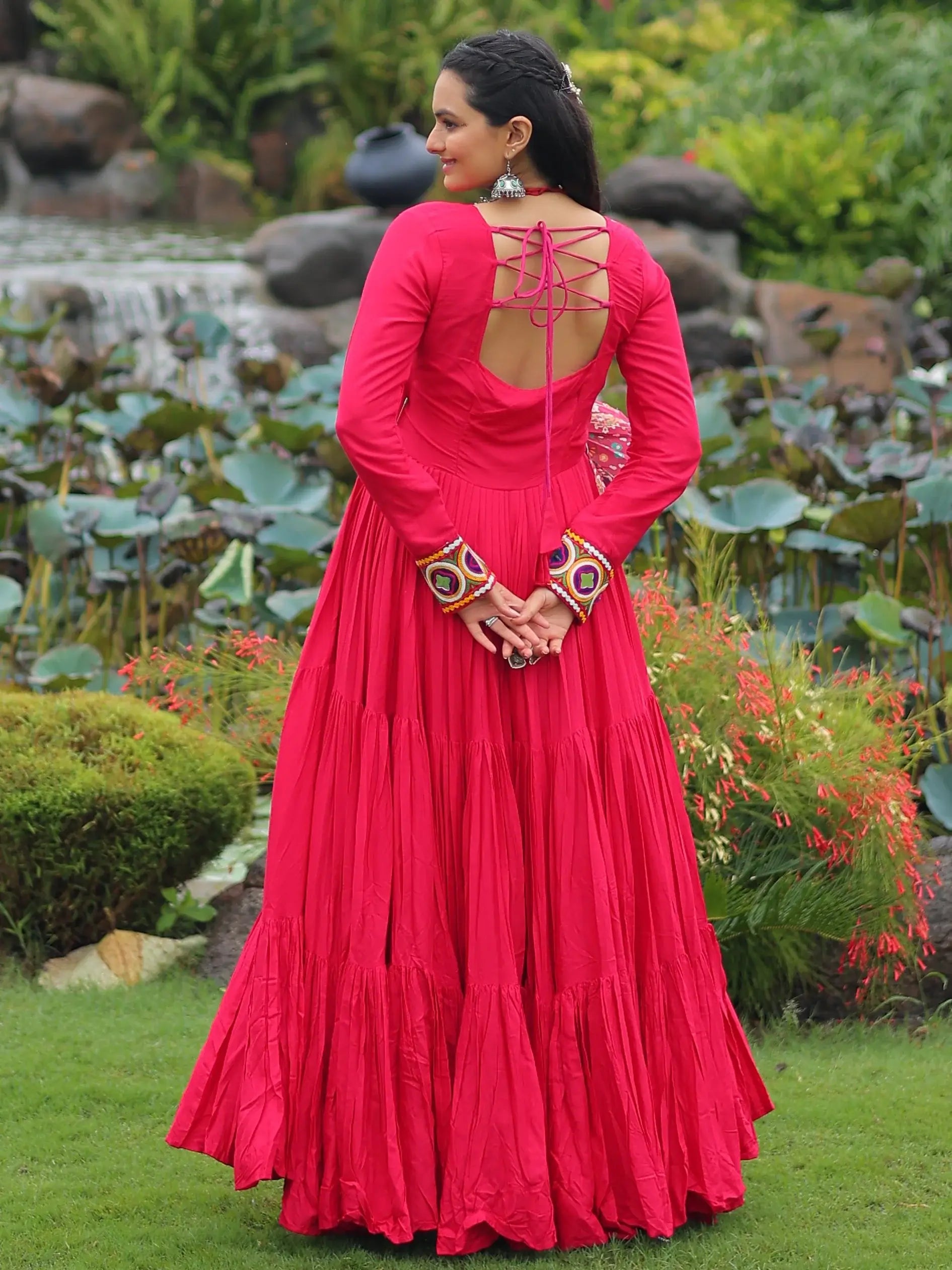 Impressive Hot Pink Gamthi Work Rayon Navratri Special Gown - Zeel Clothing