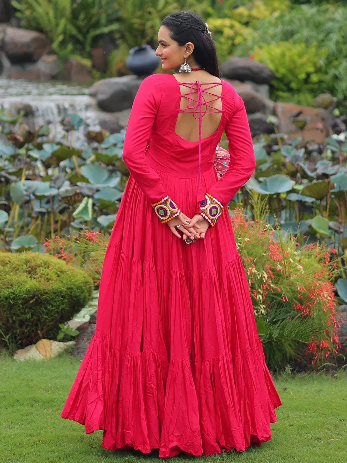 Impressive Hot Pink Gamthi Work Rayon Navratri Special Gown - Zeel Clothing