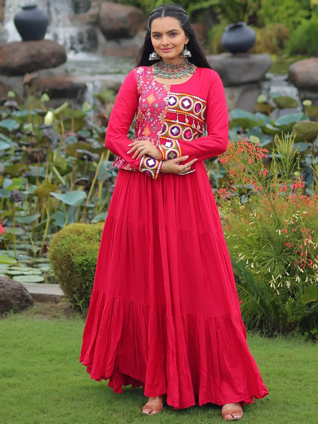 Impressive Hot Pink Gamthi Work Rayon Navratri Special Gown - Zeel Clothing
