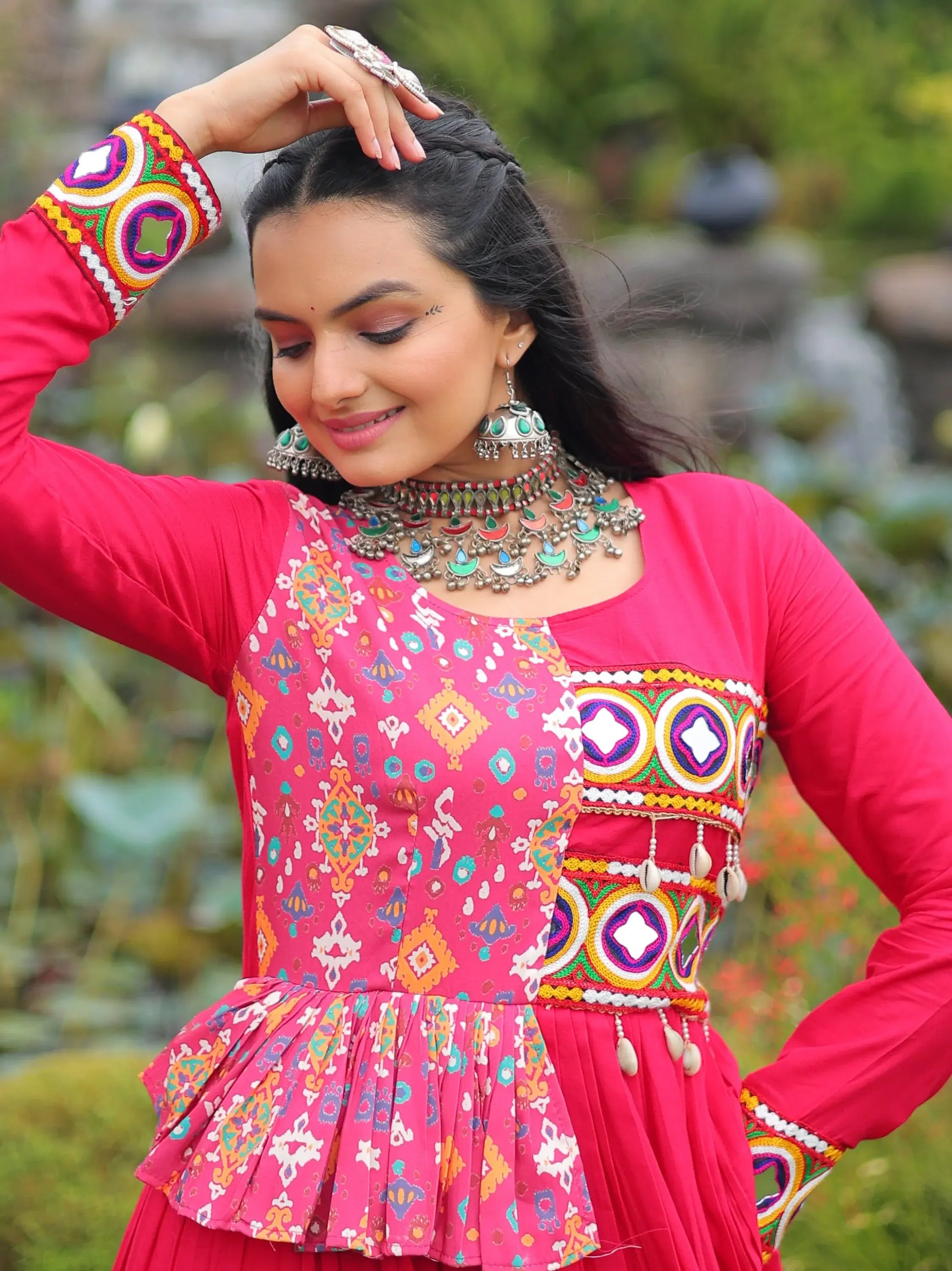 Impressive Hot Pink Gamthi Work Rayon Navratri Special Gown - Zeel Clothing