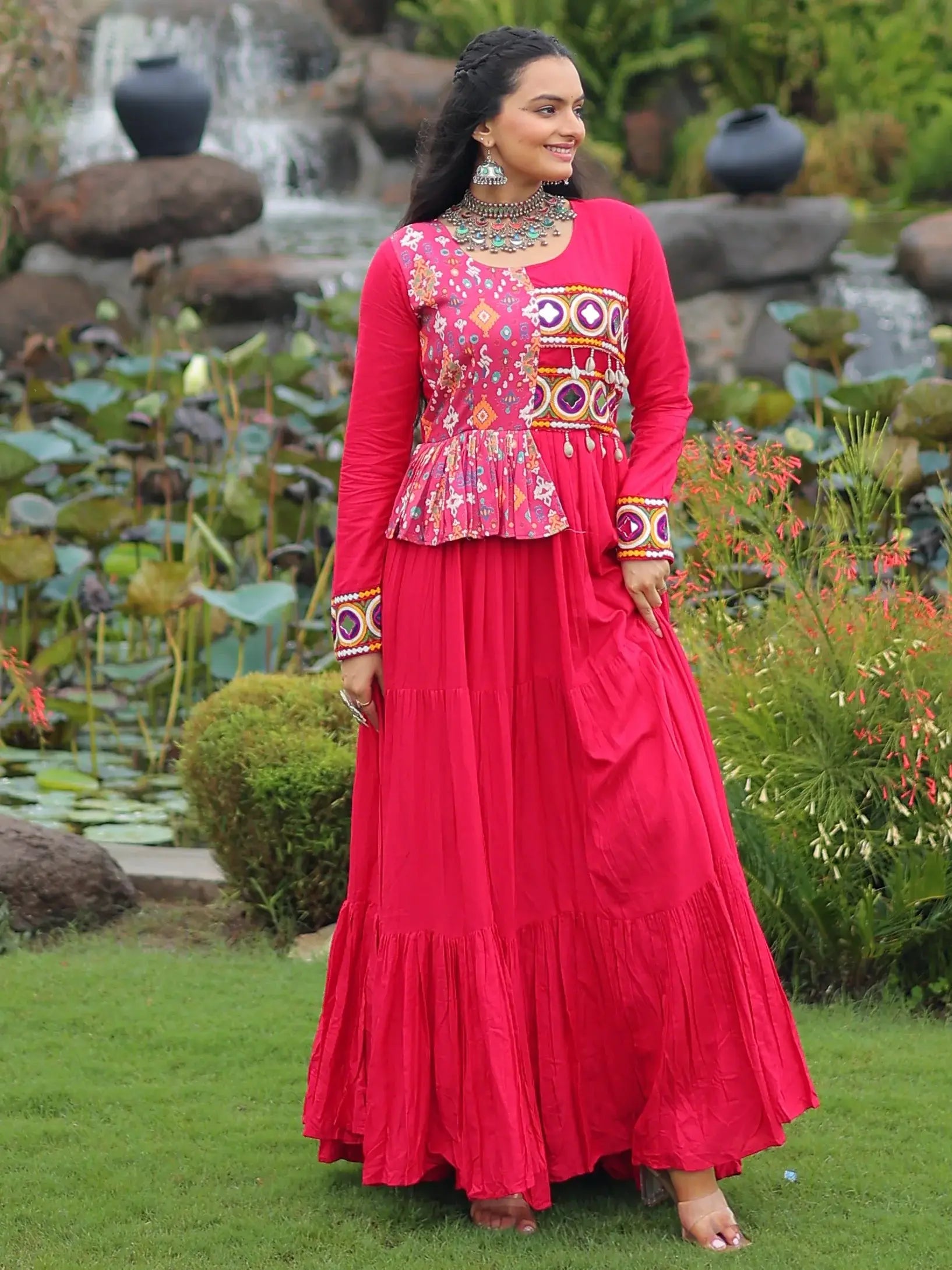 Impressive Hot Pink Gamthi Work Rayon Navratri Special Gown - Zeel Clothing