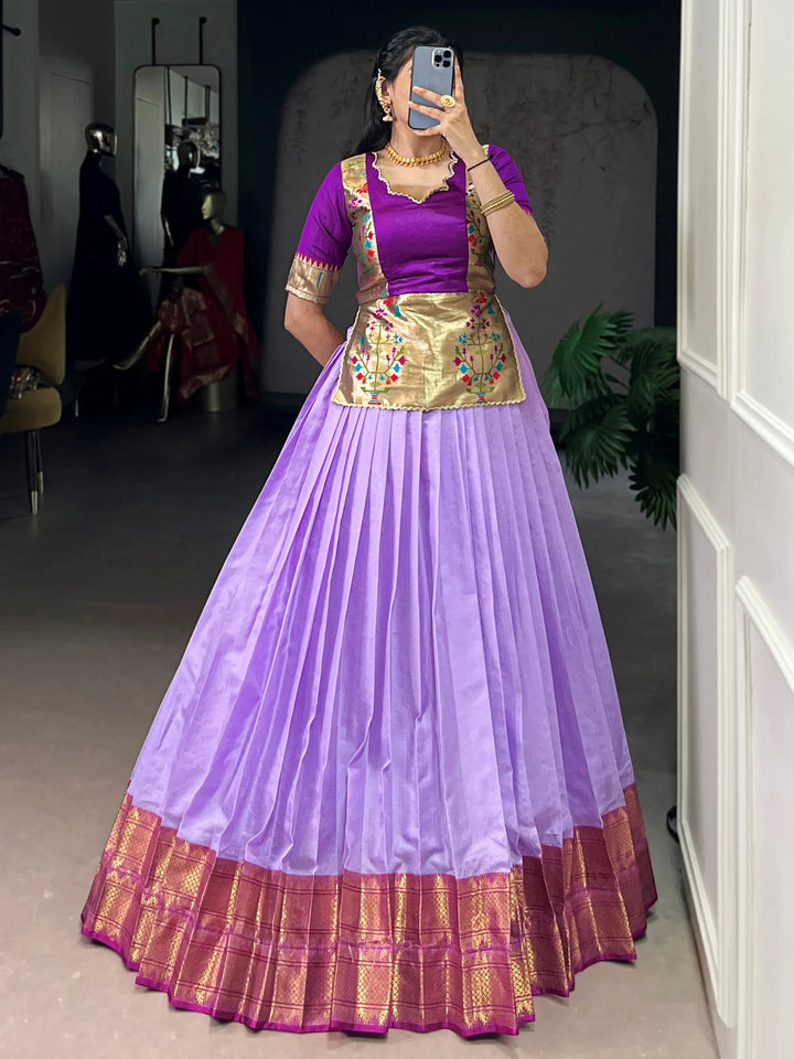 Impressive Lavender Zari Weaving Tussar Silk Function Wear Crop Top Lehenga