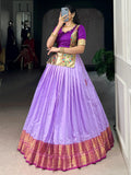 Impressive Lavender Zari Weaving Tussar Silk Function Wear Crop Top Lehenga