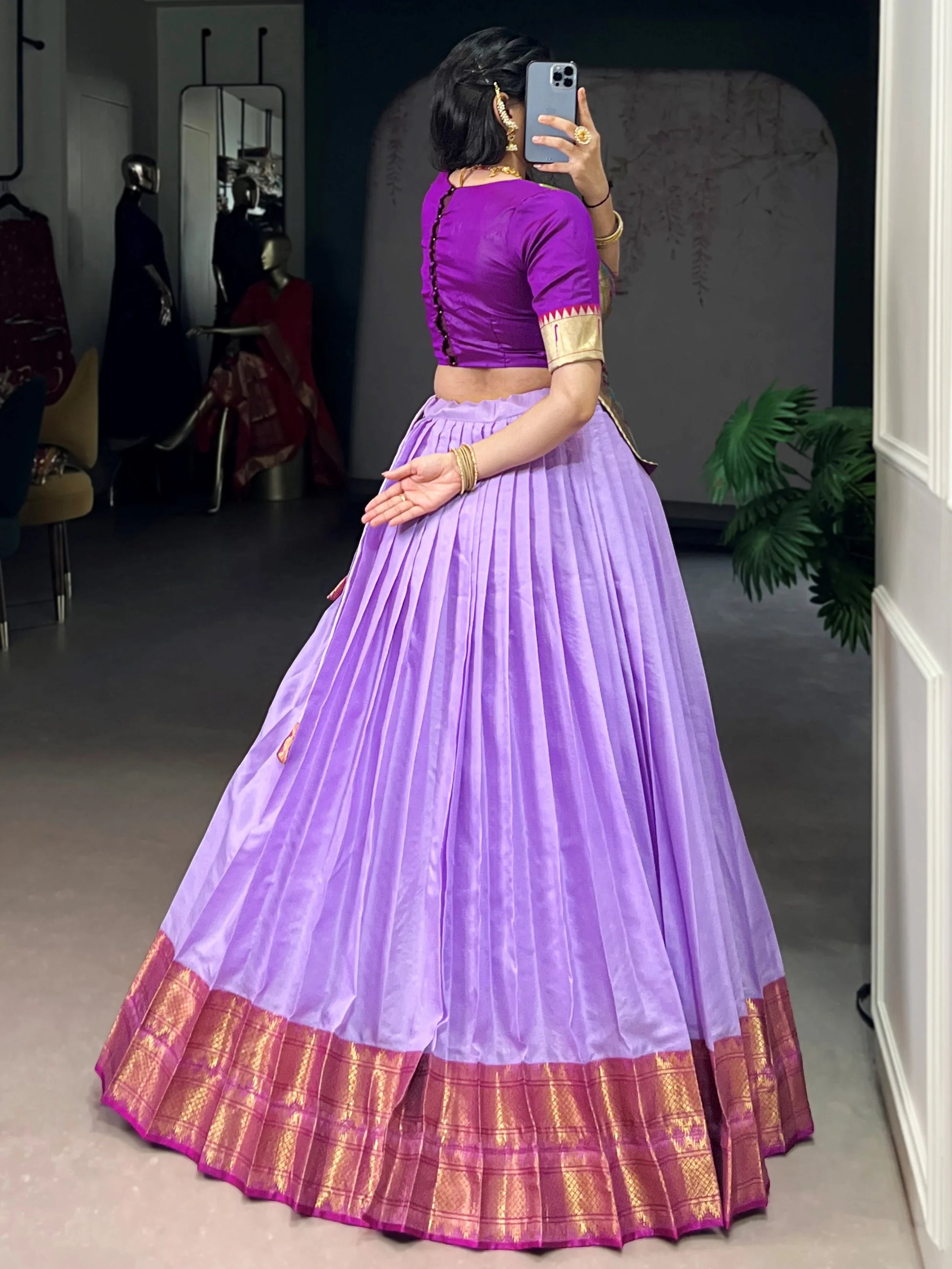 Impressive Lavender Zari Weaving Tussar Silk Function Wear Crop Top Lehenga