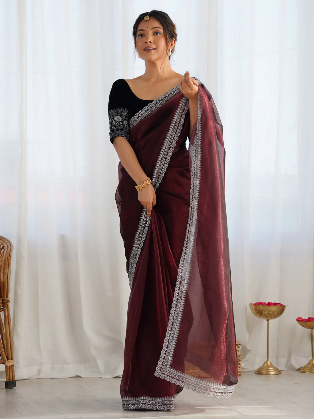 Impressive Maroon Border Work Net Wedding Wear Saree With Blouse - Zeel Clothing