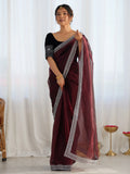Impressive Maroon Border Work Net Wedding Wear Saree With Blouse - Zeel Clothing