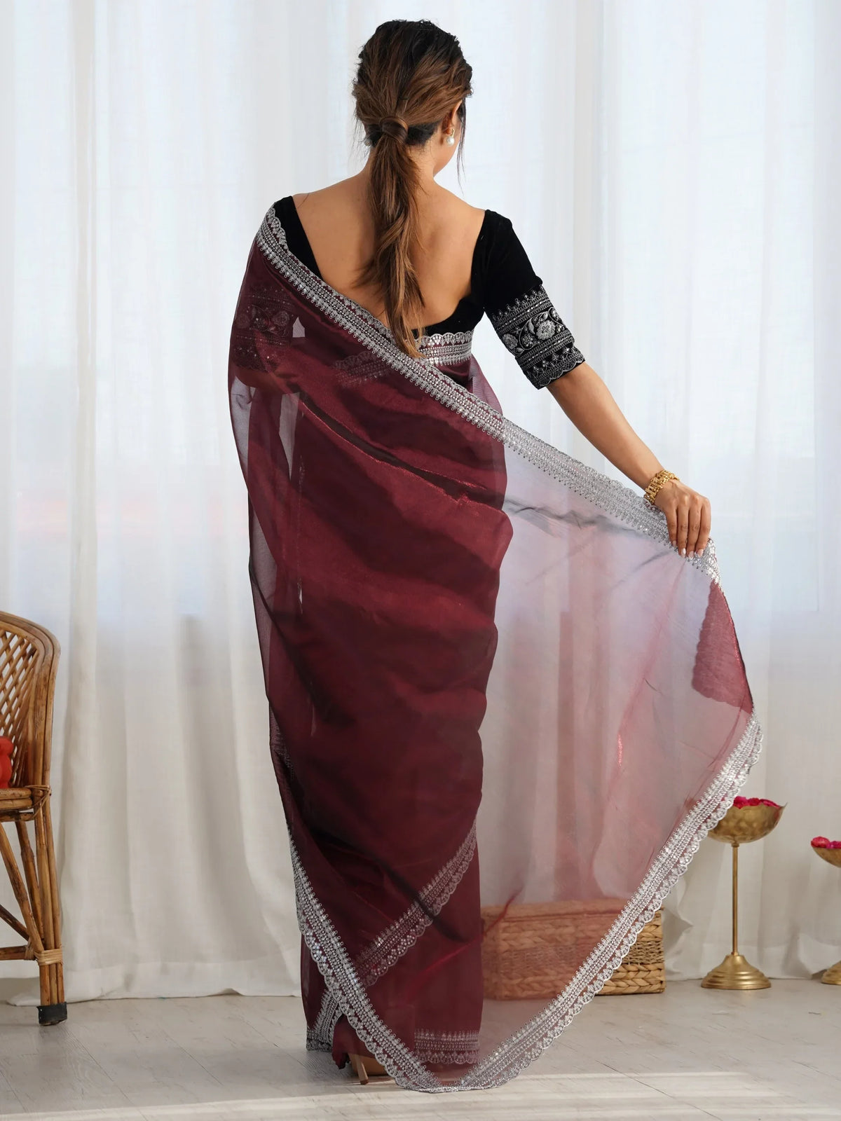 Impressive Maroon Border Work Net Wedding Wear Saree With Blouse - Zeel Clothing