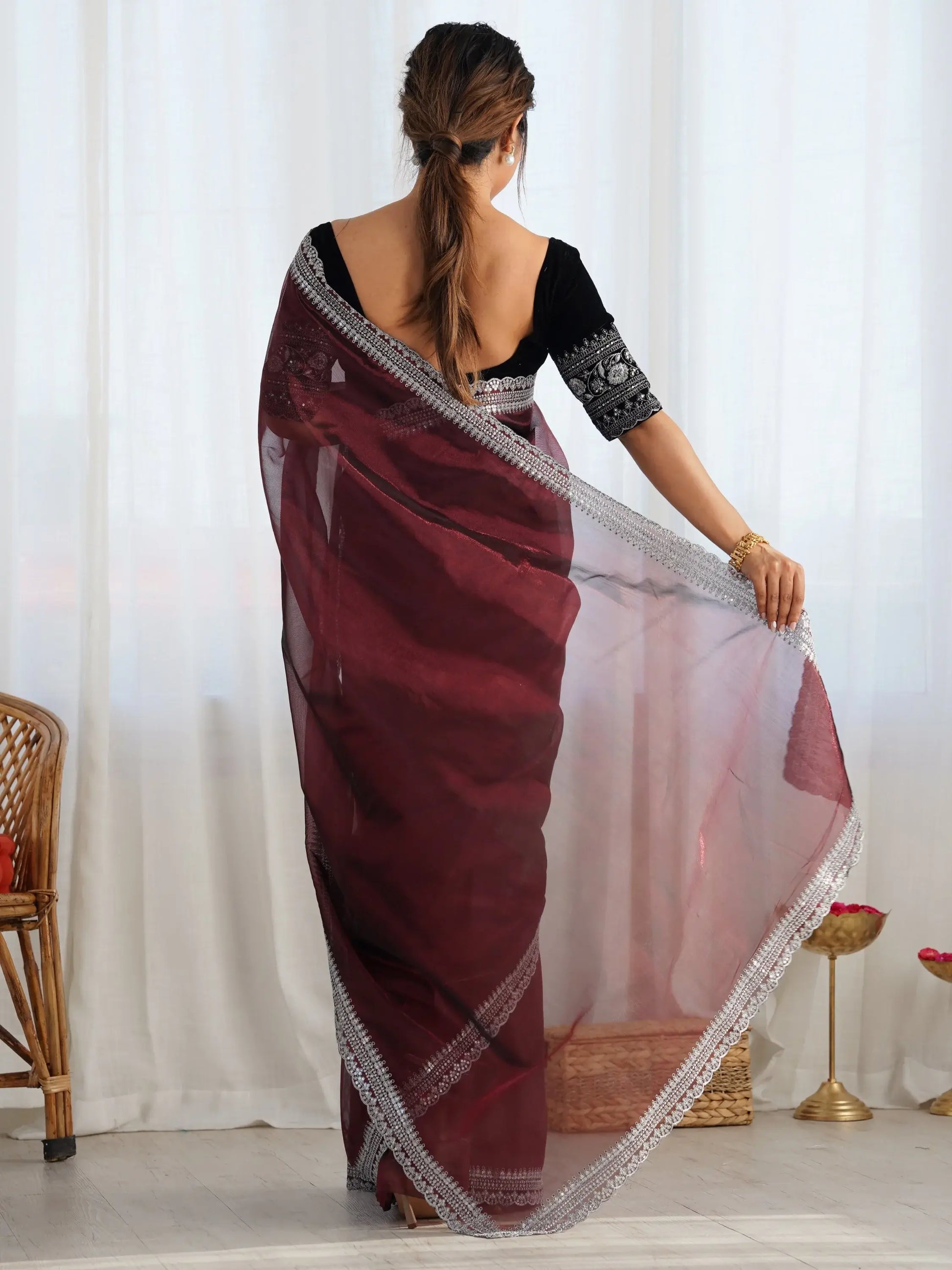Impressive Maroon Border Work Net Wedding Wear Saree With Blouse - Zeel Clothing