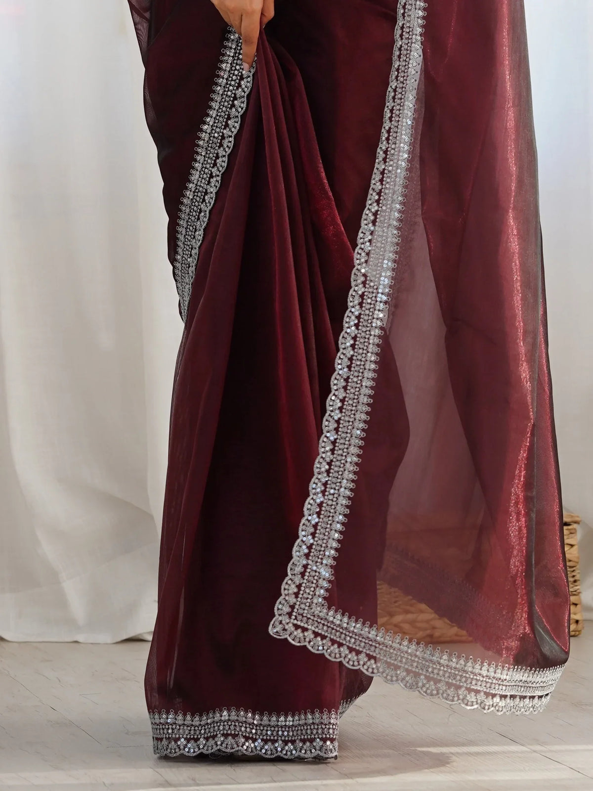 Impressive Maroon Border Work Net Wedding Wear Saree With Blouse - Zeel Clothing