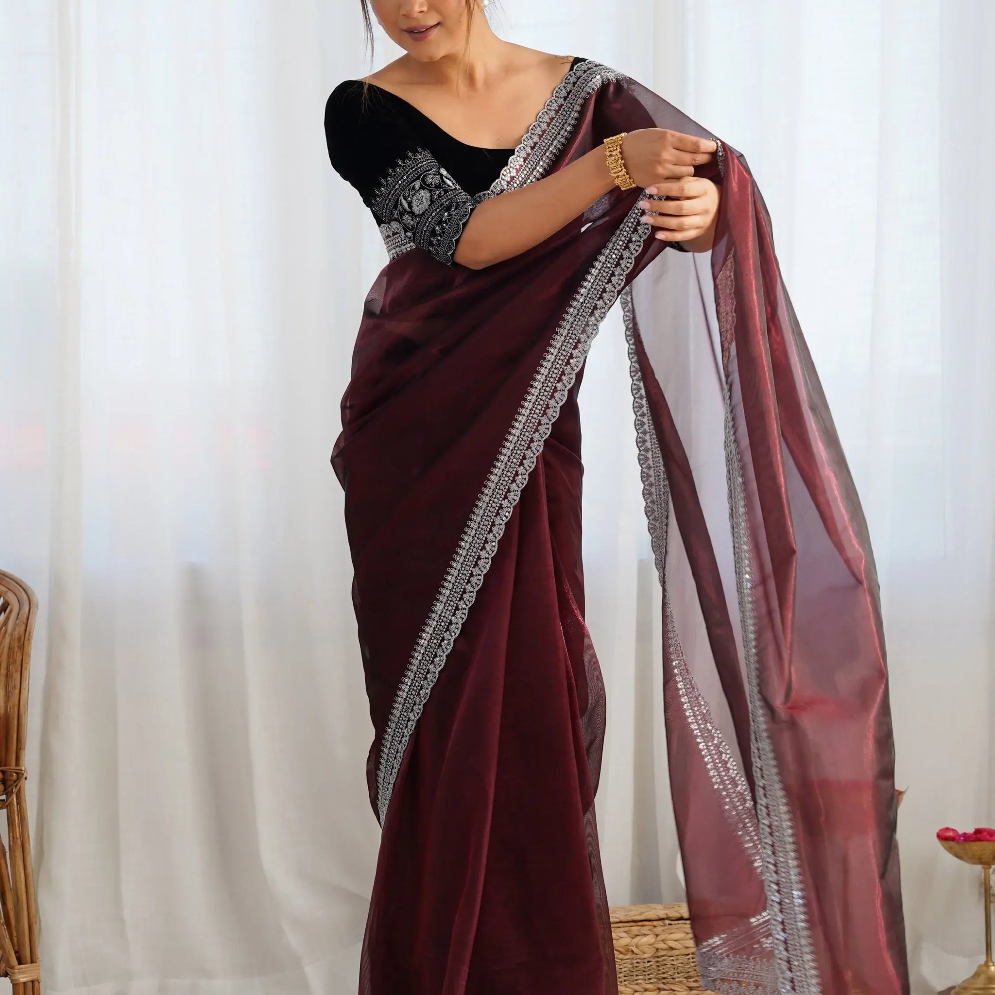Impressive Maroon Border Work Net Wedding Wear Saree With Blouse - Zeel Clothing