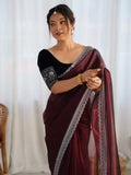 Impressive Maroon Border Work Net Wedding Wear Saree With Blouse - Zeel Clothing