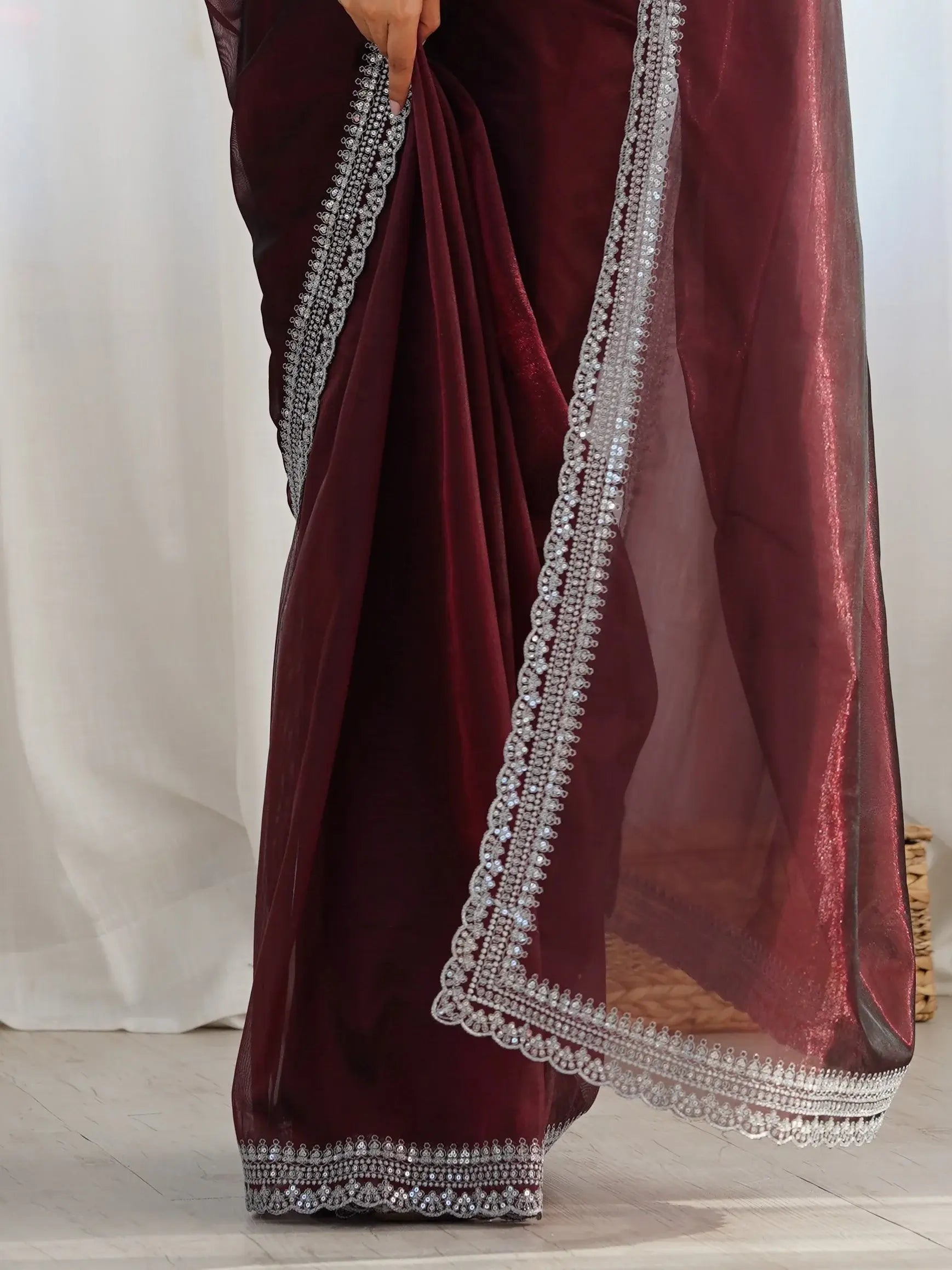 Impressive Maroon Border Work Net Wedding Wear Saree With Blouse - Zeel Clothing