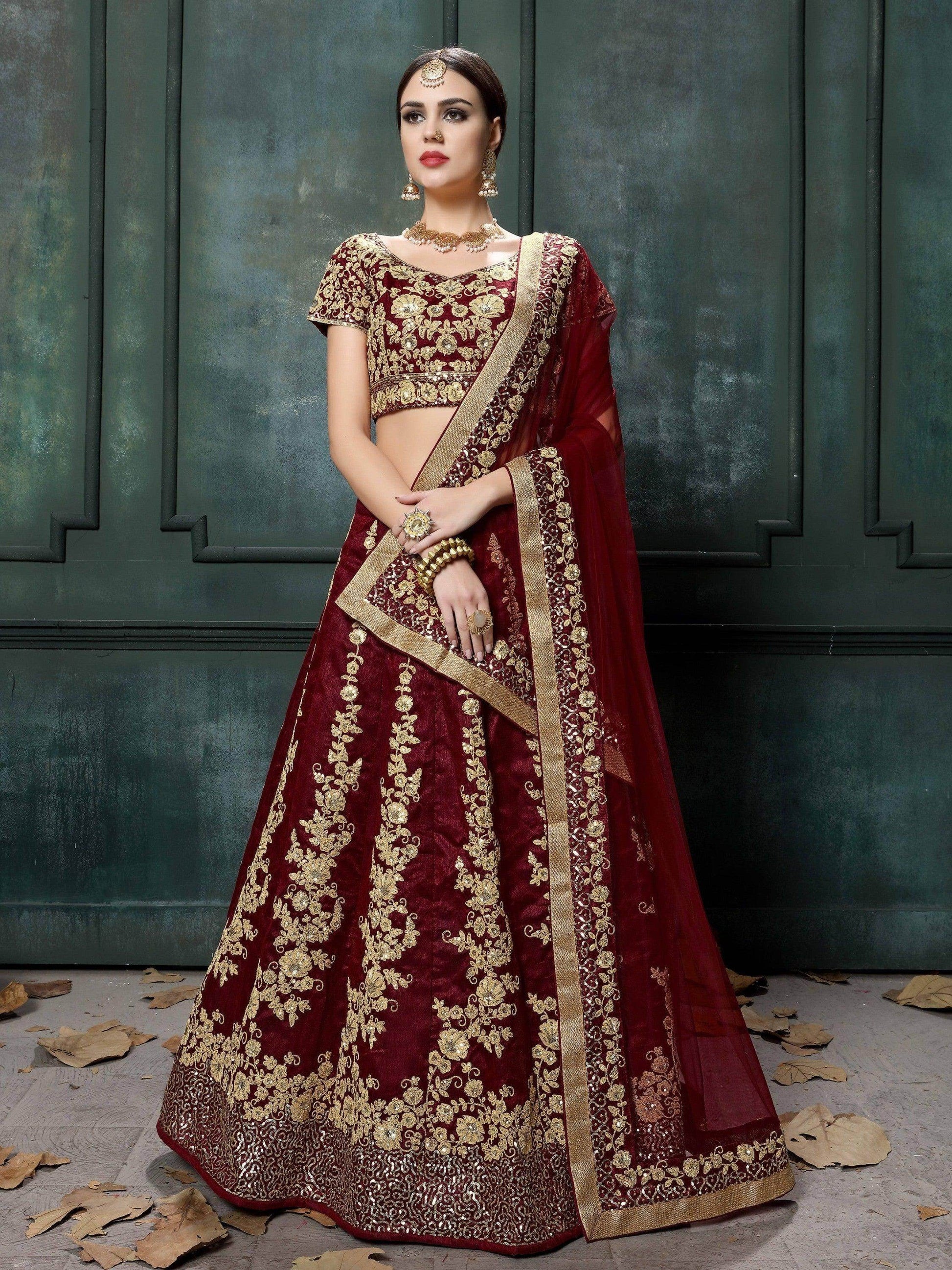Impressive Maroon Colored Designer Partywear Raw Silk Lehenga Choli - Zeel Clothing