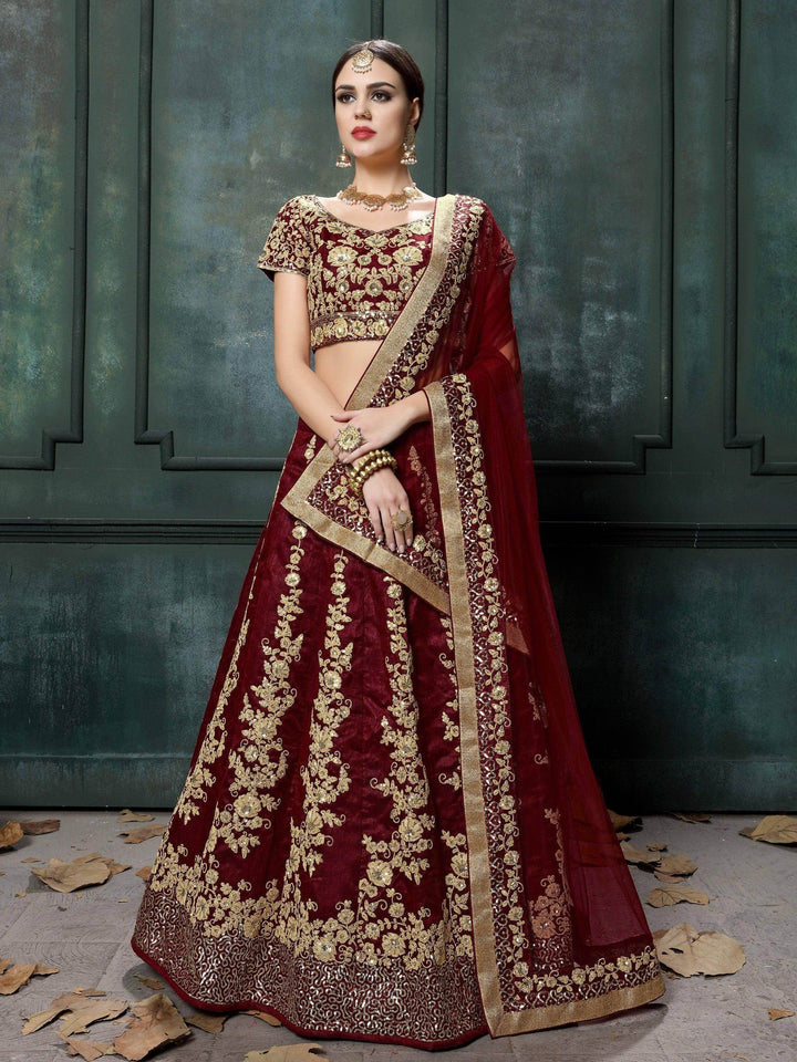 Impressive Maroon Colored Designer Partywear Raw Silk Lehenga Choli - Zeel Clothing