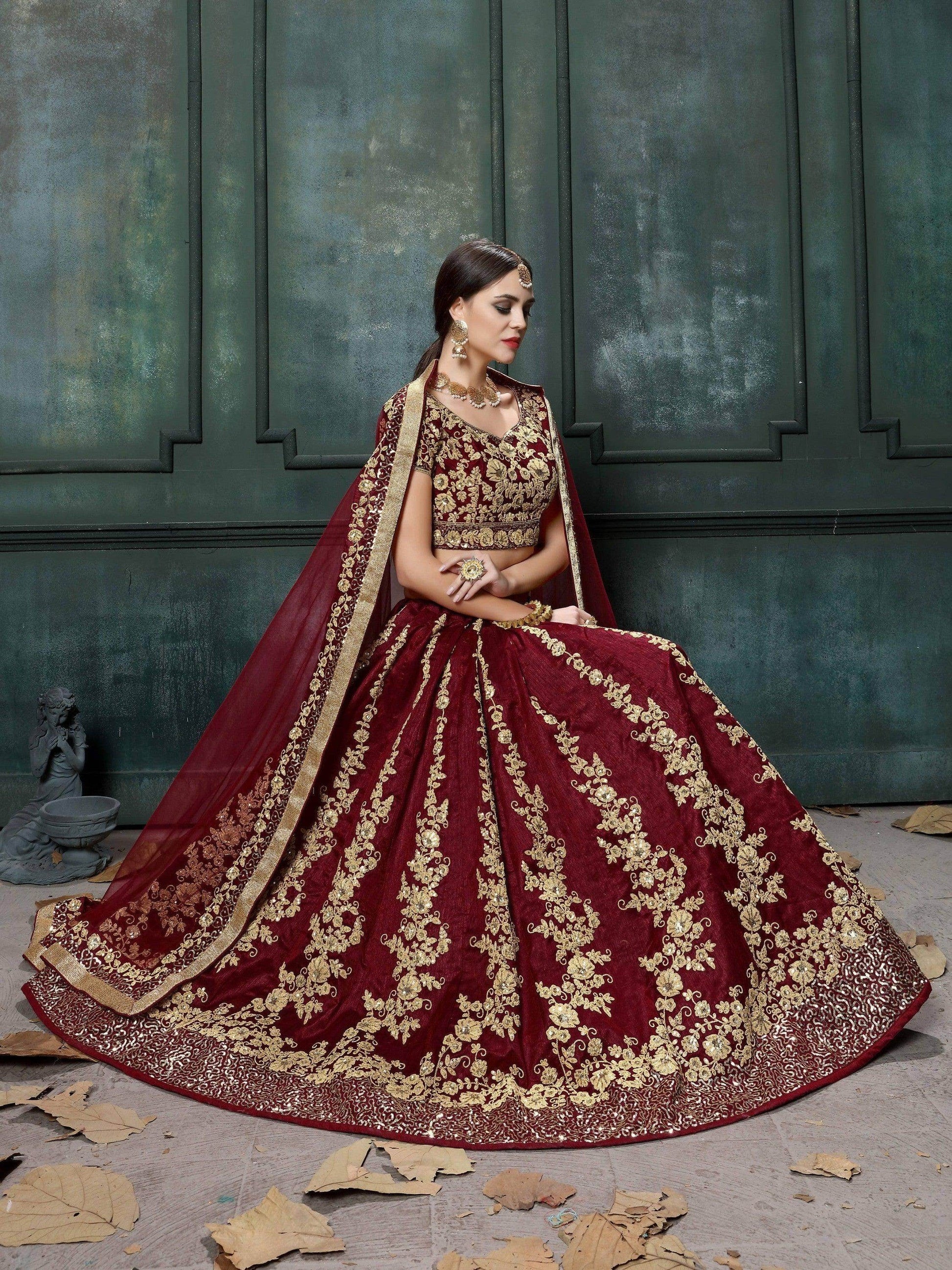 Impressive Maroon Colored Designer Partywear Raw Silk Lehenga Choli - Zeel Clothing