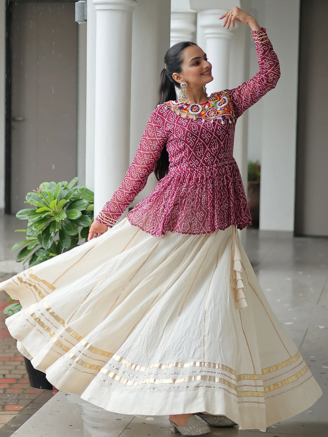 Impressive Maroon Cotton Navratri Wear Lehenga With Bandhani Print Peplum Top - Zeel Clothing