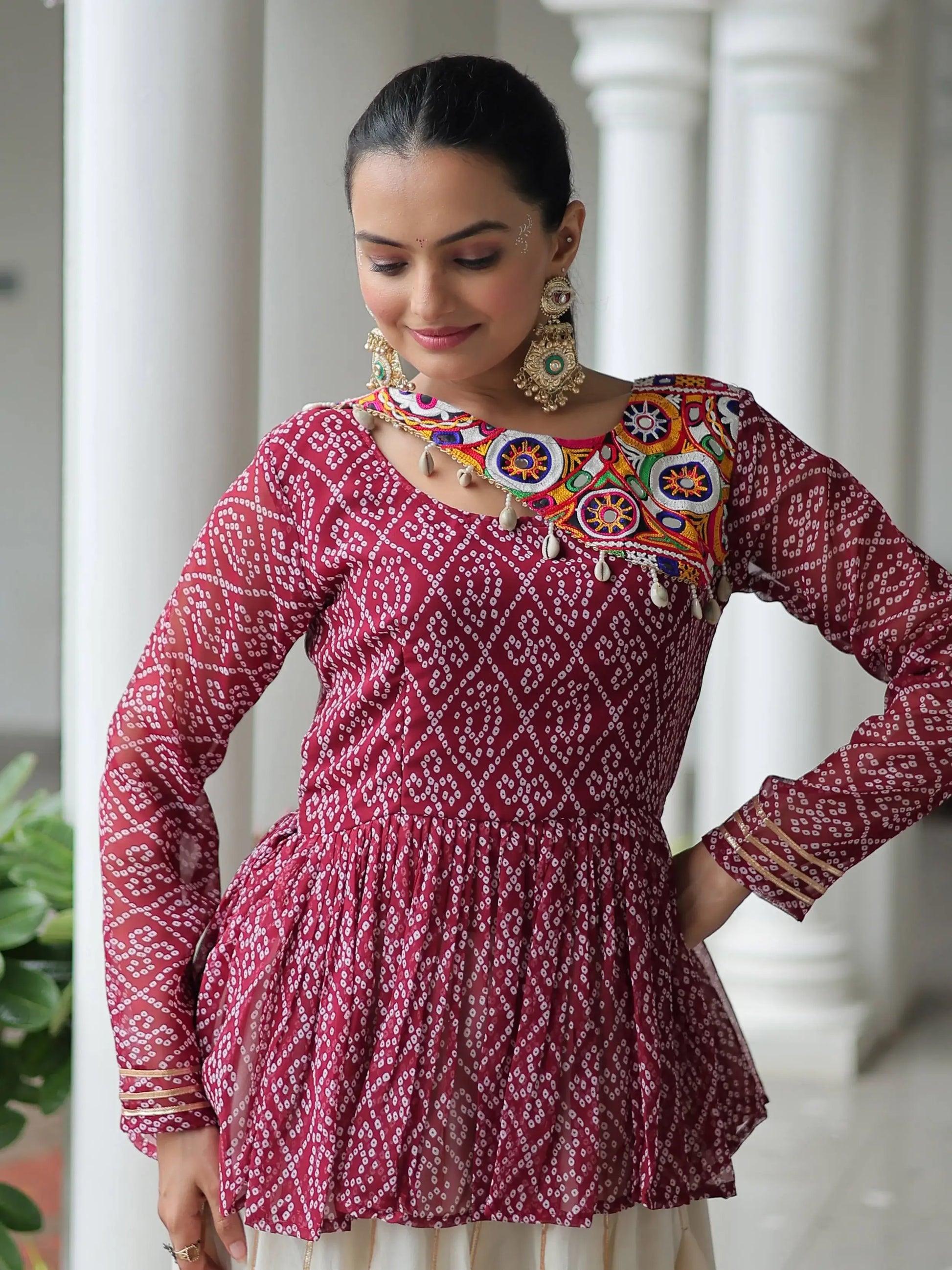 Impressive Maroon Cotton Navratri Wear Lehenga With Bandhani Print Peplum Top - Zeel Clothing
