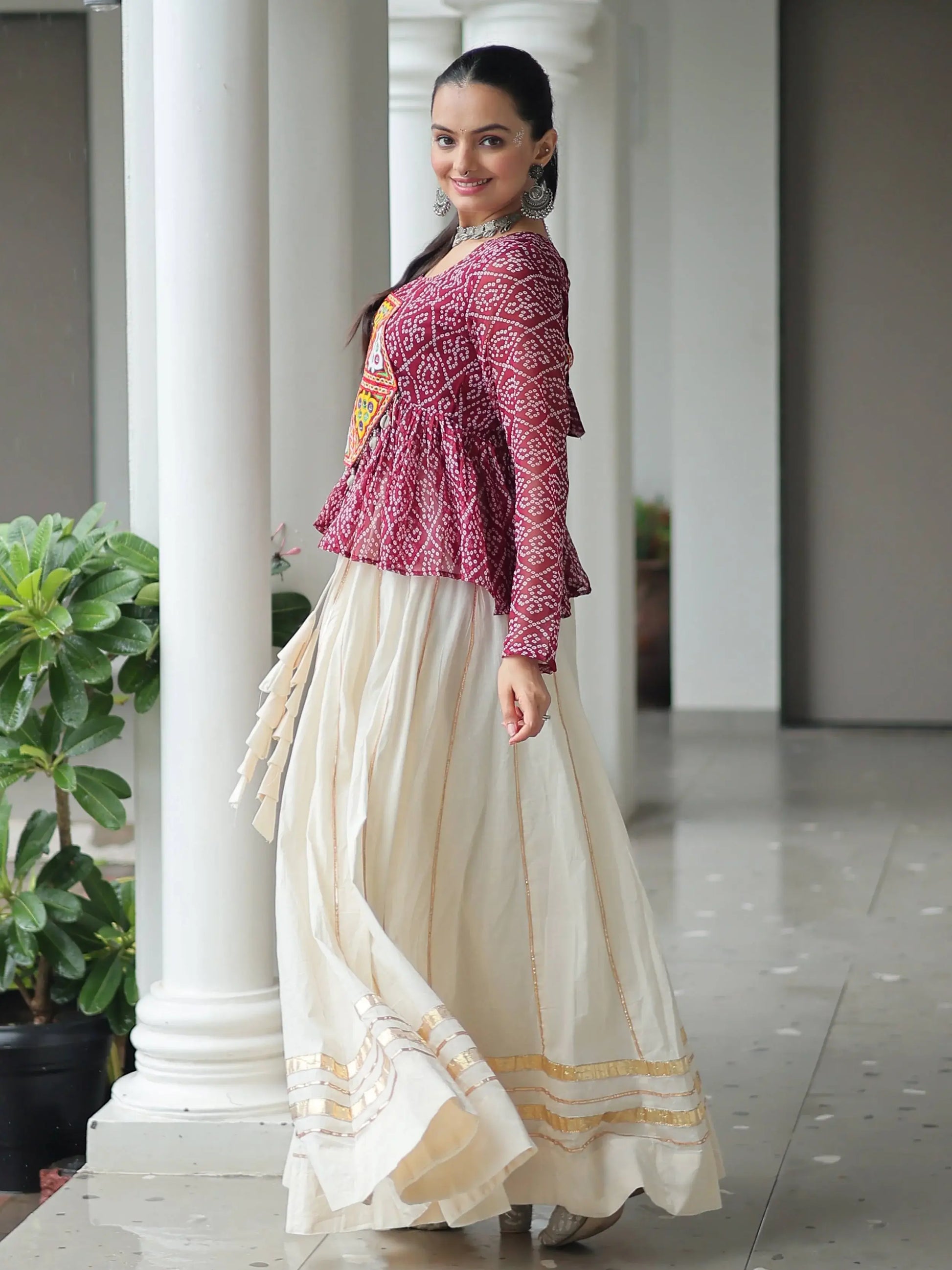 Impressive Maroon Cotton Navratri Wear Lehenga With Bandhani Print Peplum Top - Zeel Clothing