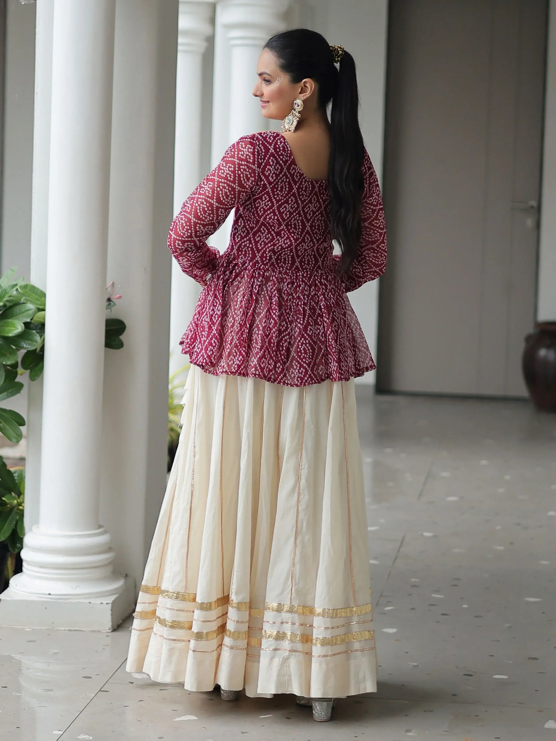 Impressive Maroon Cotton Navratri Wear Lehenga With Bandhani Print Peplum Top - Zeel Clothing