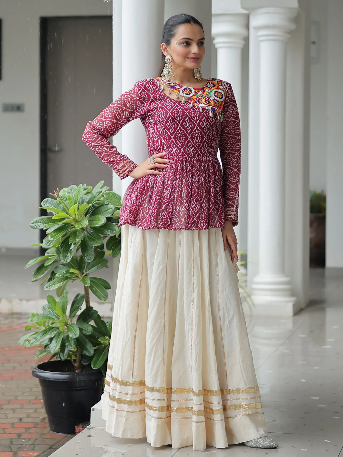 Impressive Maroon Cotton Navratri Wear Lehenga With Bandhani Print Peplum Top - Zeel Clothing