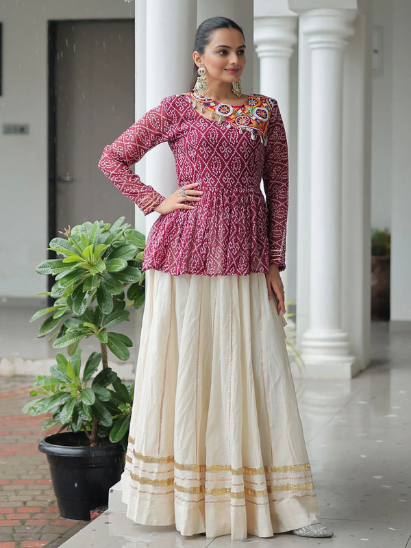 Impressive Maroon Cotton Navratri Wear Lehenga With Bandhani Print Peplum Top - Zeel Clothing