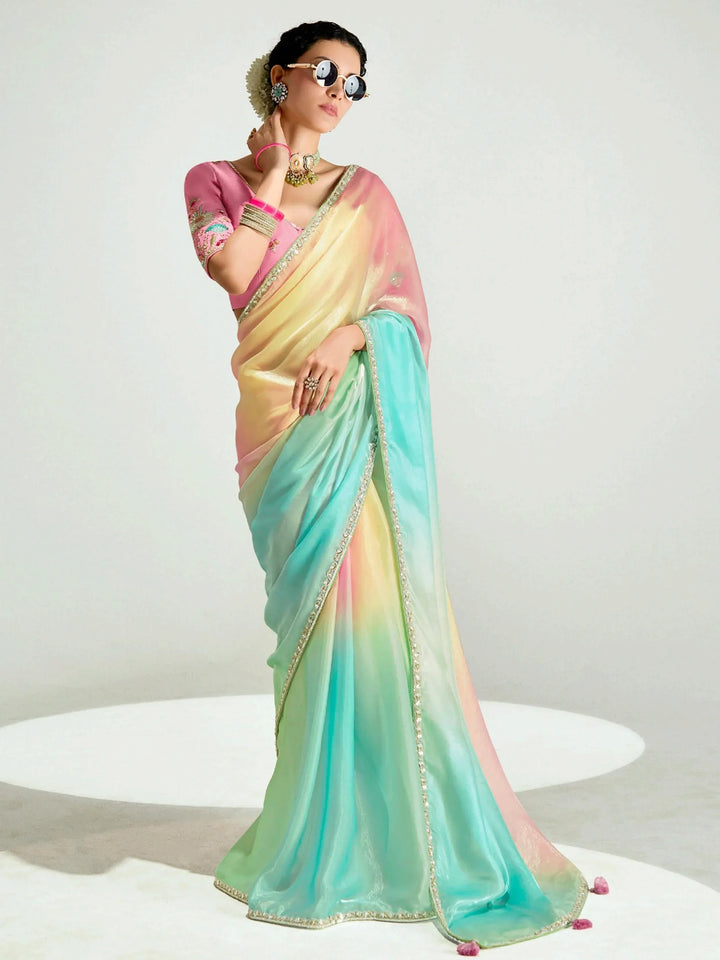 Impressive Multi-Color Border Work Organza Party Wear Saree With Blouse - Zeel Clothing