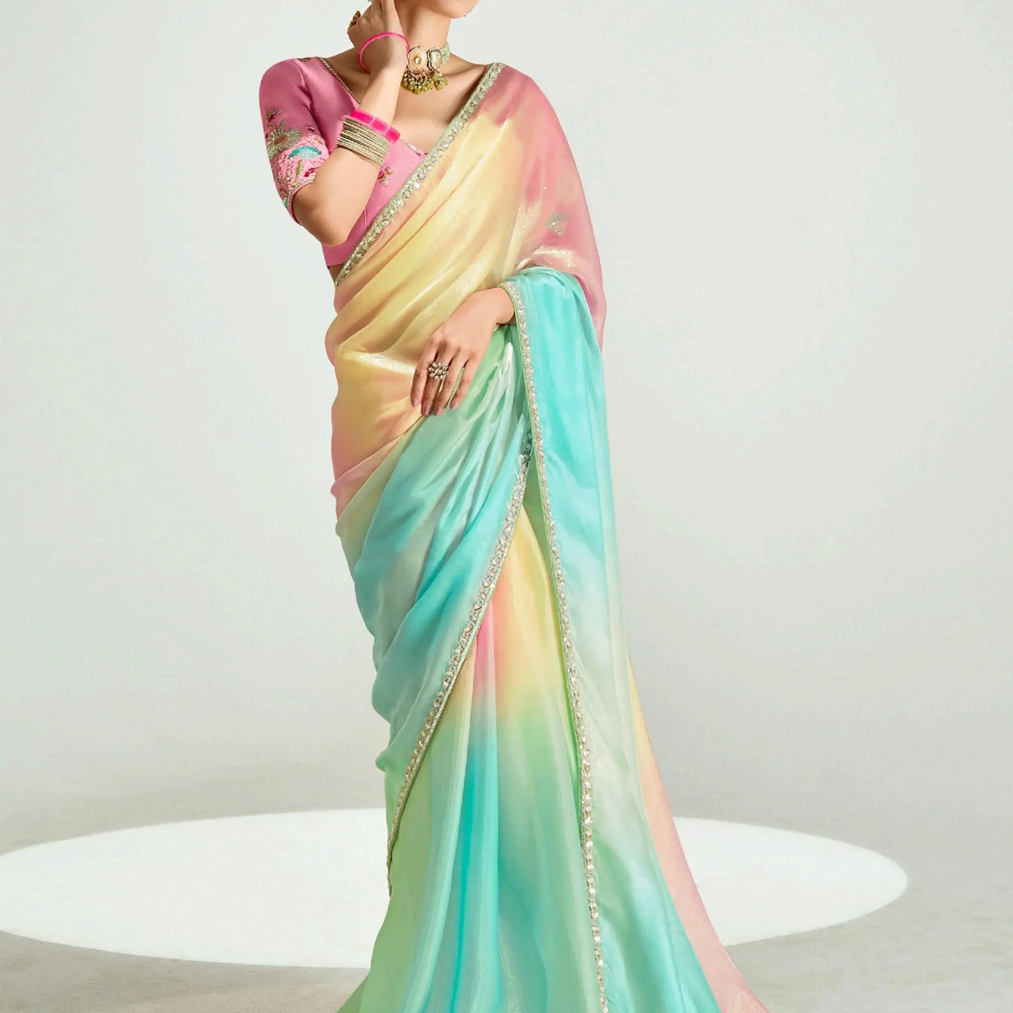 Impressive Multi-Color Border Work Organza Party Wear Saree With Blouse - Zeel Clothing