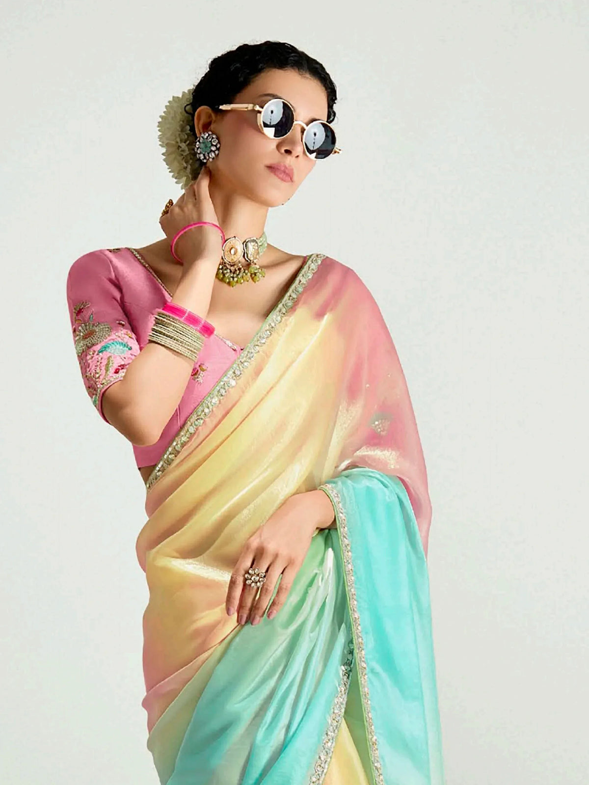 Impressive Multi-Color Border Work Organza Party Wear Saree With Blouse - Zeel Clothing