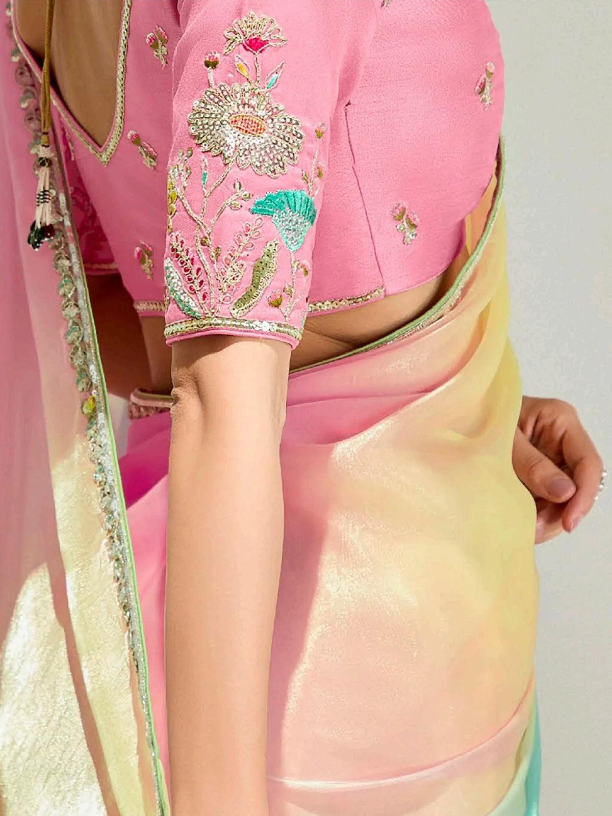 Impressive Multi-Color Border Work Organza Party Wear Saree With Blouse - Zeel Clothing