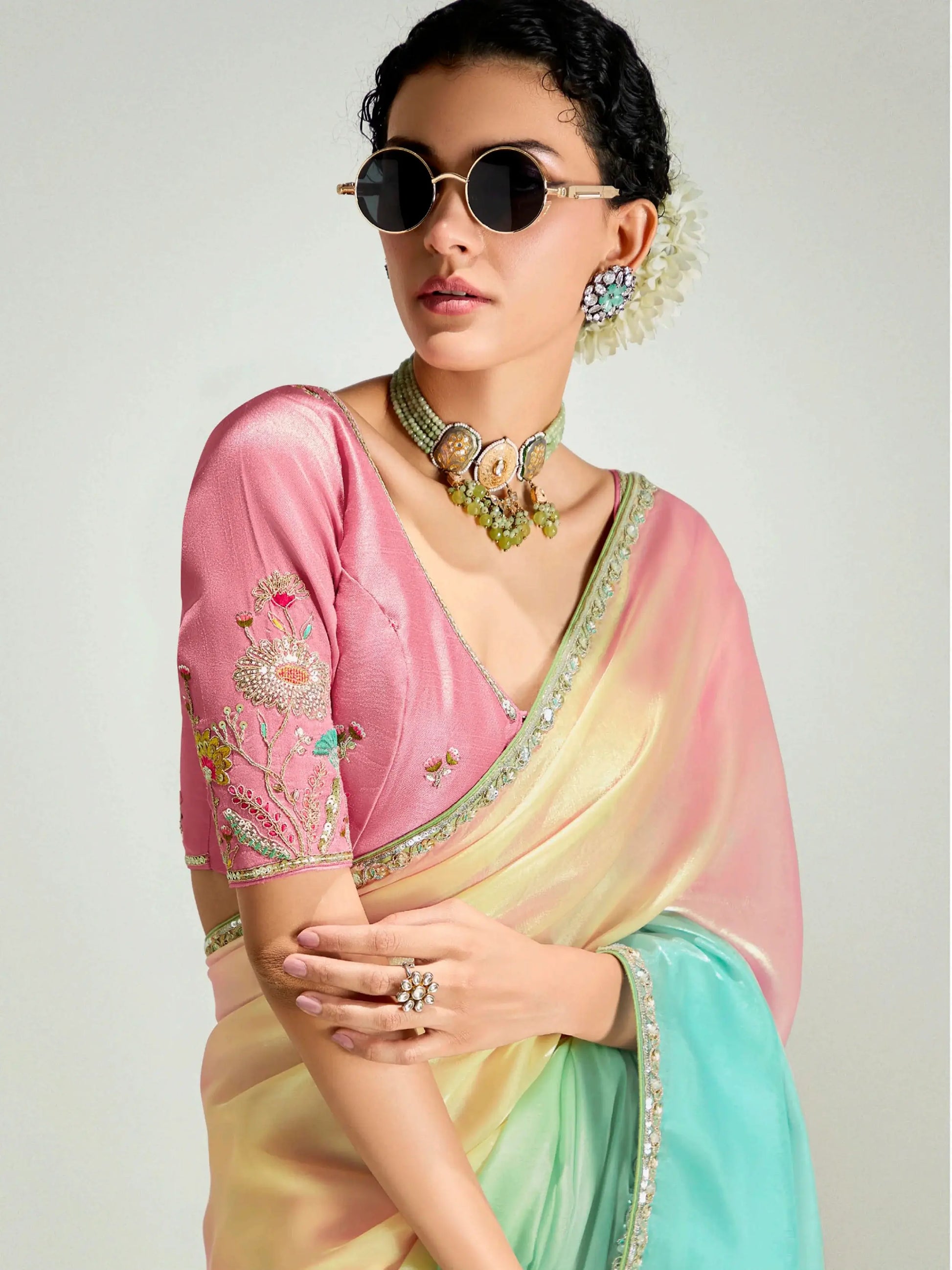 Impressive Multi-Color Border Work Organza Party Wear Saree With Blouse - Zeel Clothing